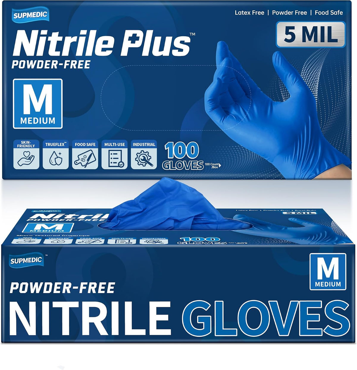 Supmedic Nitrile+ Disposable Gloves, 5 Mil Latex & Powder-Free Glove 100 Ct