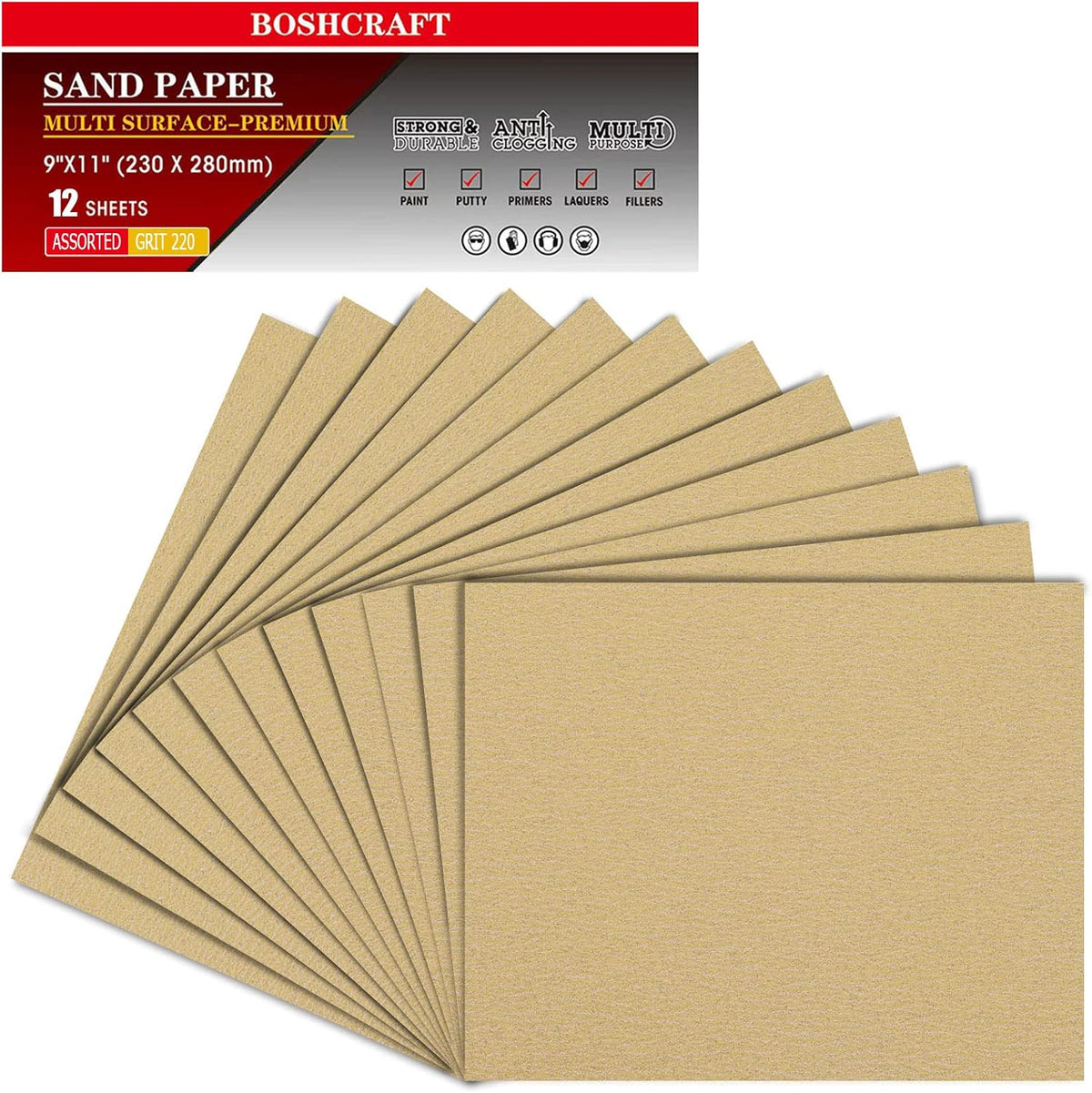 BOSHCRAFT 50 Pcs 1/4 Sheet Sand Paper 5.5" x 4.5" – 80/150/320/400 Grit 8 Sheets Each, 120/220 Grit 9 Sheets Each, Premium Aluminum Oxide Sandpaper Assortment for Wood Metal Automotive Palm Sanders