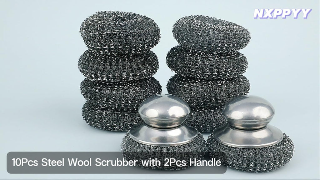 10Pcs Steel Wool Scrubber, Steel Wool Pads with 2Pcs Handle, Stainless Steel Scrubber for Dishes, Kitchen, Cleaning, Stoves, Pots and Pans, Grill, Wash Sink, Cleaning Dishes