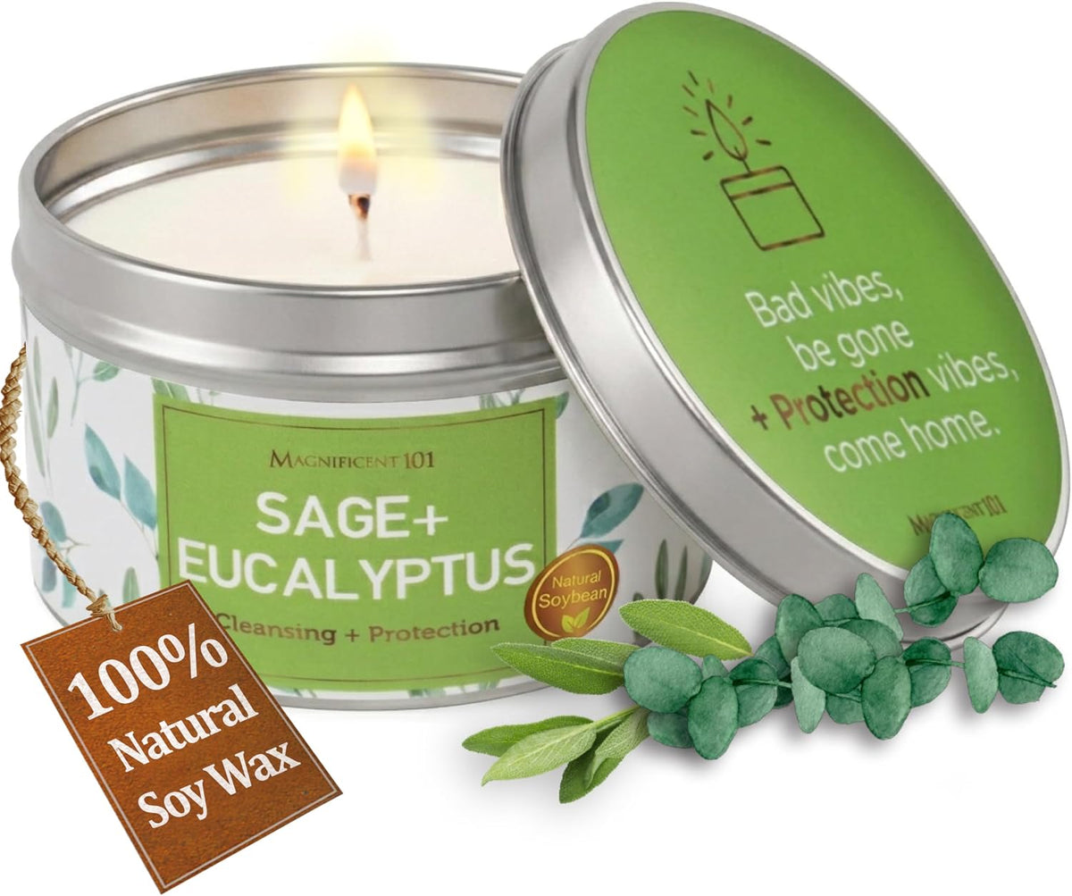 Magnificent 101 Pure Sage Tin Candle for Energy Cleansing, 6oz