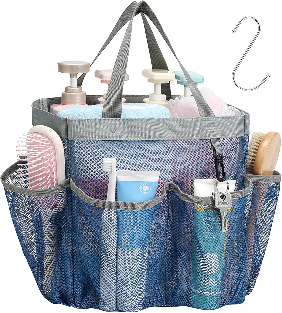 Mesh Shower Caddy Portable - 8 Pockets, S-Hook, Shower Bag for Dorm Camping