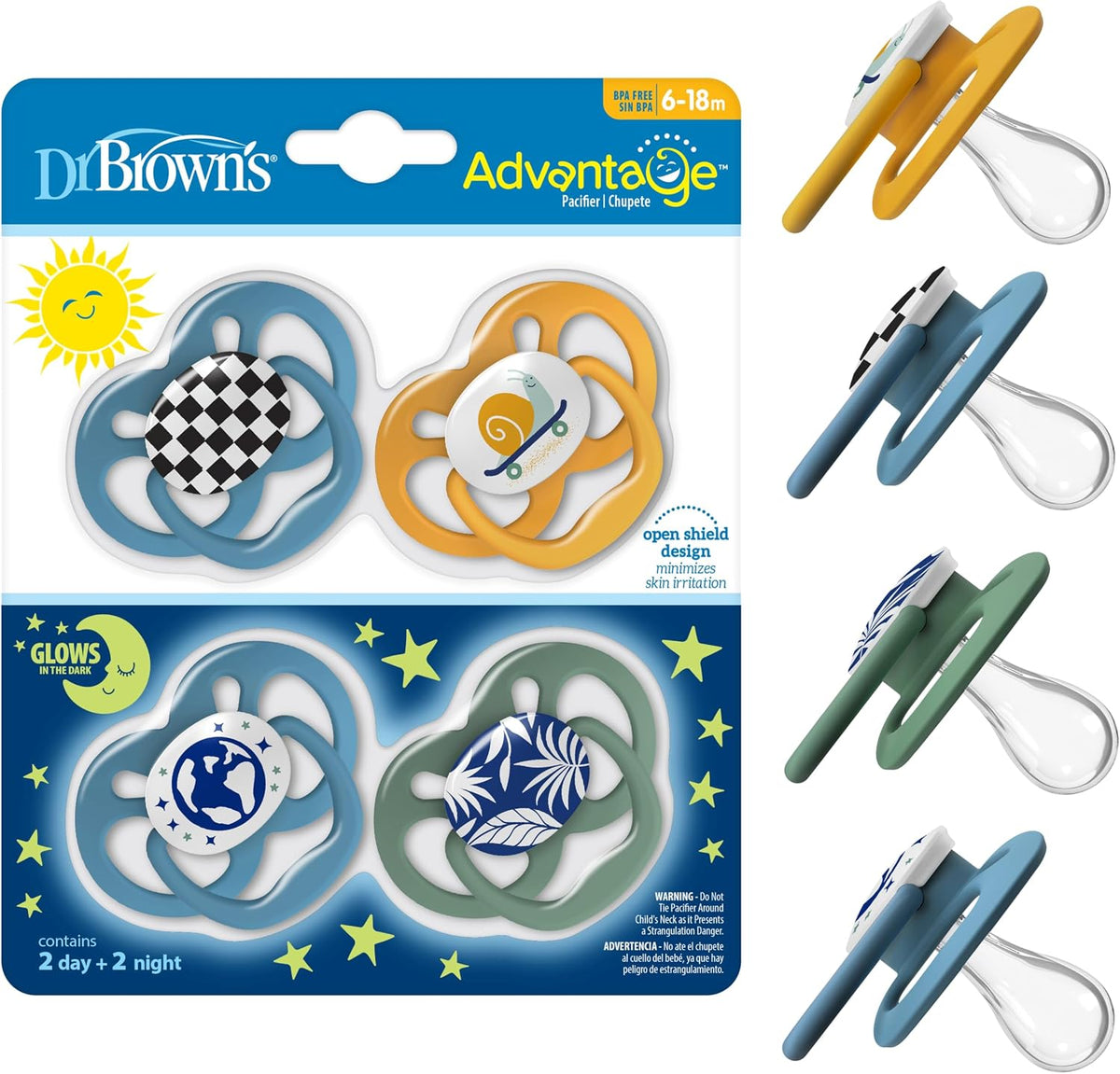 Dr. Brown's Advantage Glow-in-the-Dark Baby Pacifier, Fully Symmetrical Soother with Soft Silicone Bulb, Skateboard Snail-Blue Nature, 6-18m, BPA Free, 4 Pack
