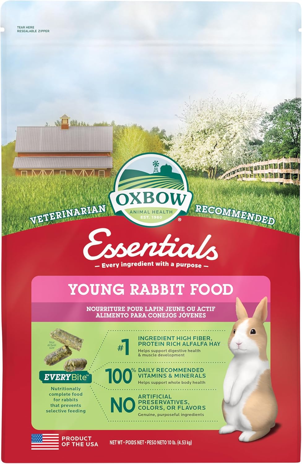 Oxbow Essentials Young Rabbit Food, High-Fiber Rabbit Pellets, USA, 5 lb