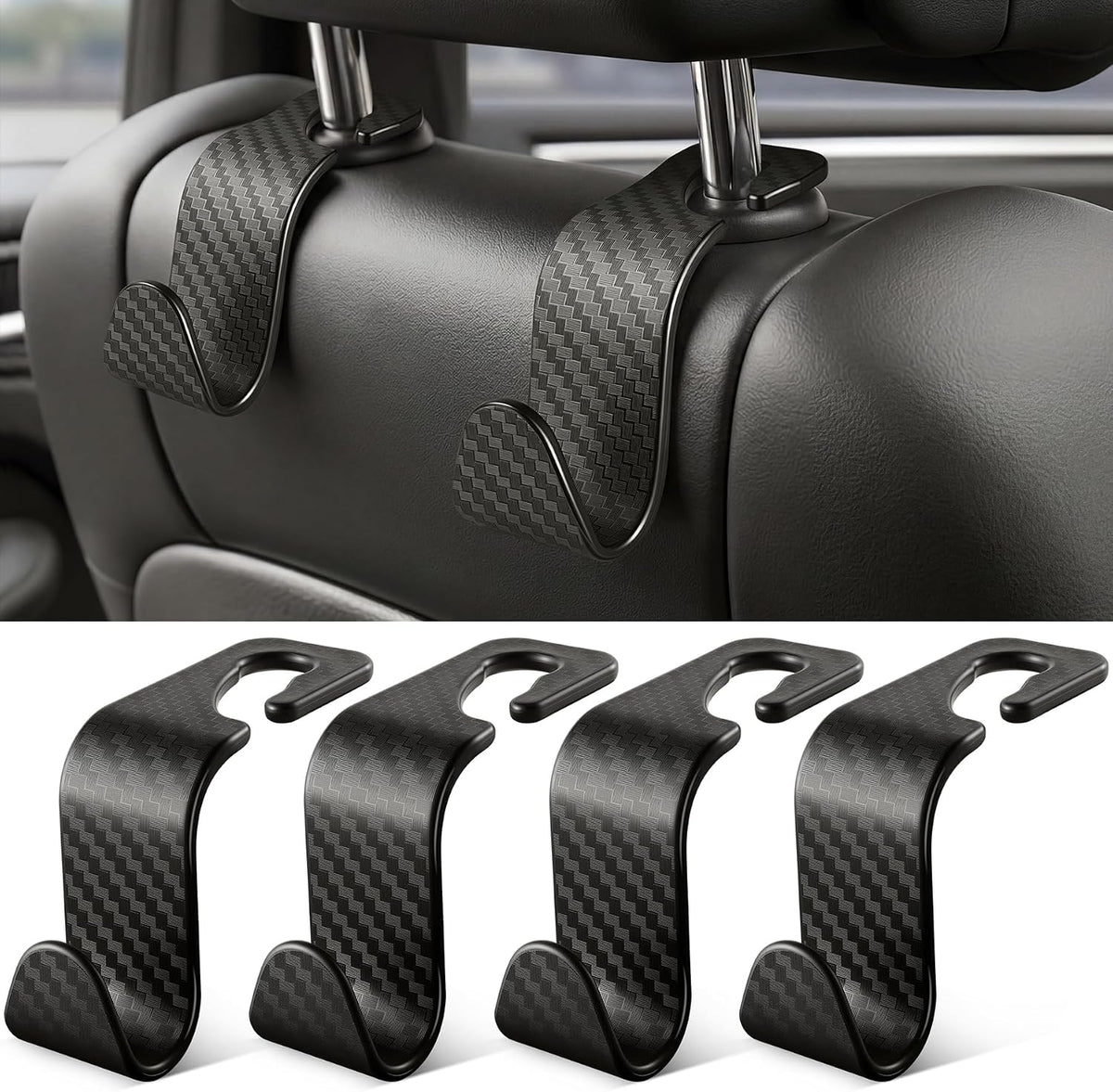 SINGARO Universal 4 Pack Car Seat Headrest Purse Hook, Carbon Fiber Back Seat Hook Storage Organizer Hanger for Purse Handbag Coat, Car Interior Accessories(Black)