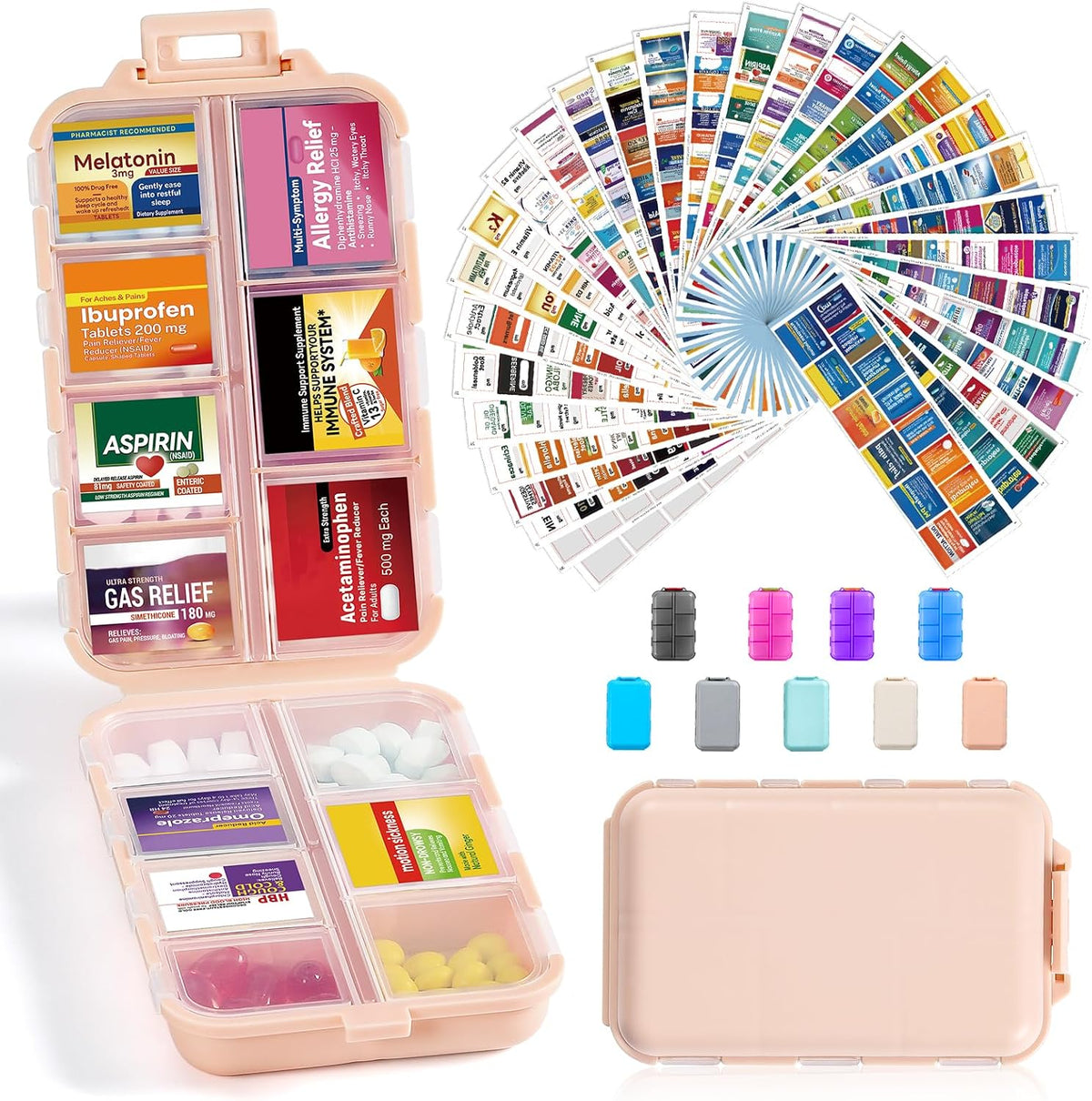 LANDNEOO 14 Grids Pill Organizer Box with Labels, Travel Medication Holder Dispenser Case Kit, Pocket Daily Pharmacy Container for Fish Oil Vitamin Supplement Storage, Khaki Pink Grey, 3 Pack