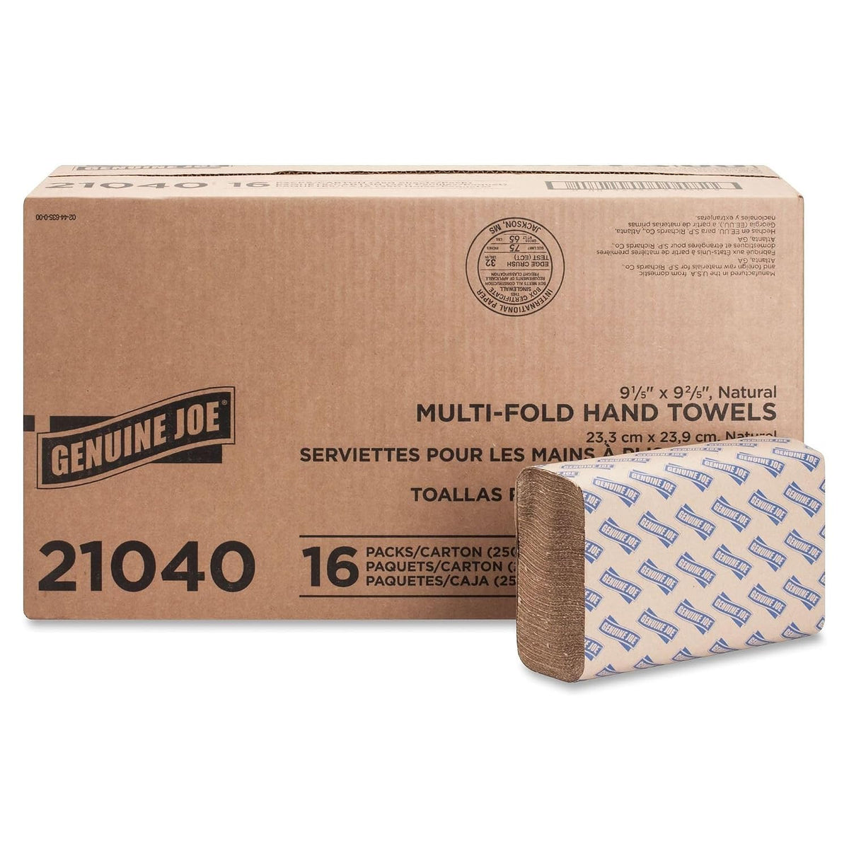 Genuine Joe Multifold Paper Hand Towels, 1-Ply Kraft, 9.25" x 9.4", 100% Recycled, 250 Count Per Pack (16 Pack, 4,000 Total Sheets) - Commercial Washroom & Restroom Supplies