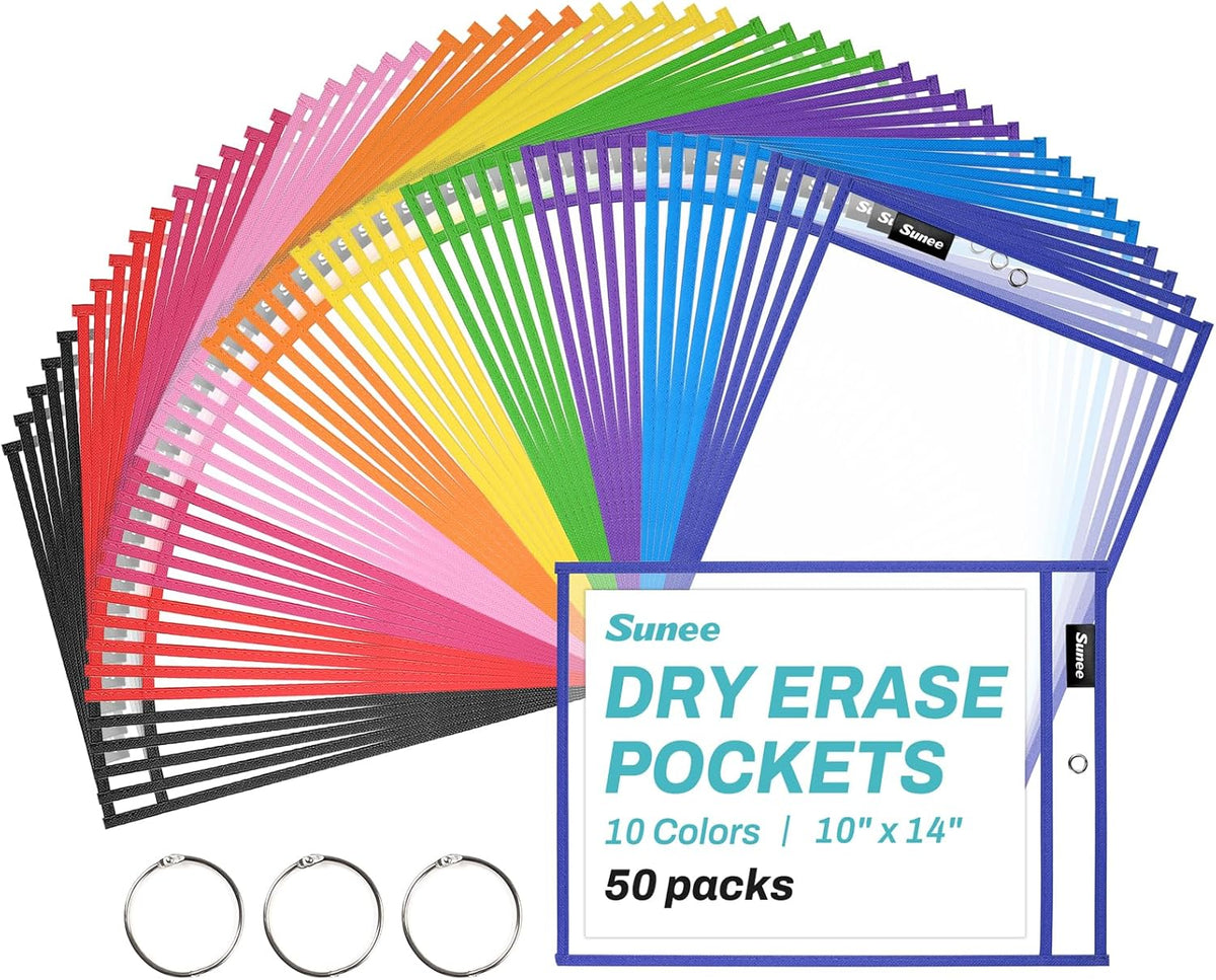 SUNEE 30 Packs Oversized Reusable Dry Erase Pocket Sleeves with 2 Rings, 10 Assorted Colors 10x14 Ticket Holders, Clear Plastic Sheet Protectors, Teacher School Classroom Supplies
