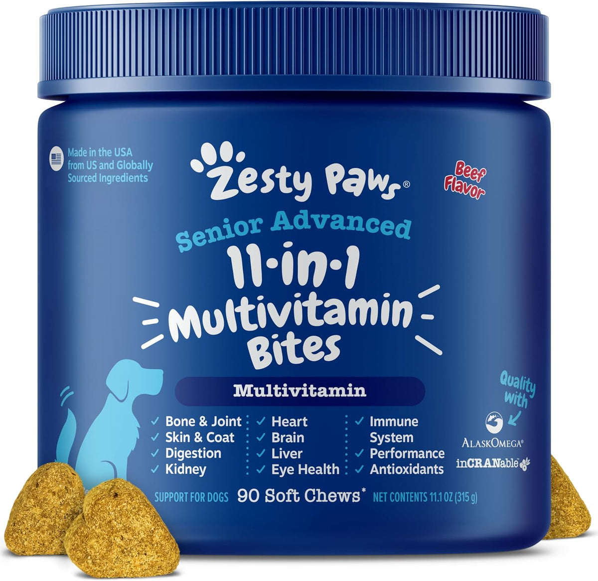 Zesty Paws Dog Multivitamin, Chewable Dog Vitamins and Supplements for Hip & Joints, Skin & Coat, Omega 3 Fish Oil for Dogs- Senior & Puppy Multivitamin- Chicken- 90ct