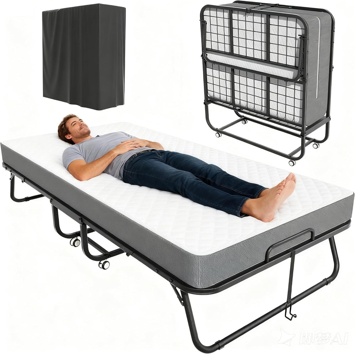 Pataku Folding Bed with Mattress, Twin Foldable Bed, Roll Away Beds for Adults, 75" x 31" Roll Away Portable Beds with 5" Mattress, Folded Frame for Small Apartment, Guest Room