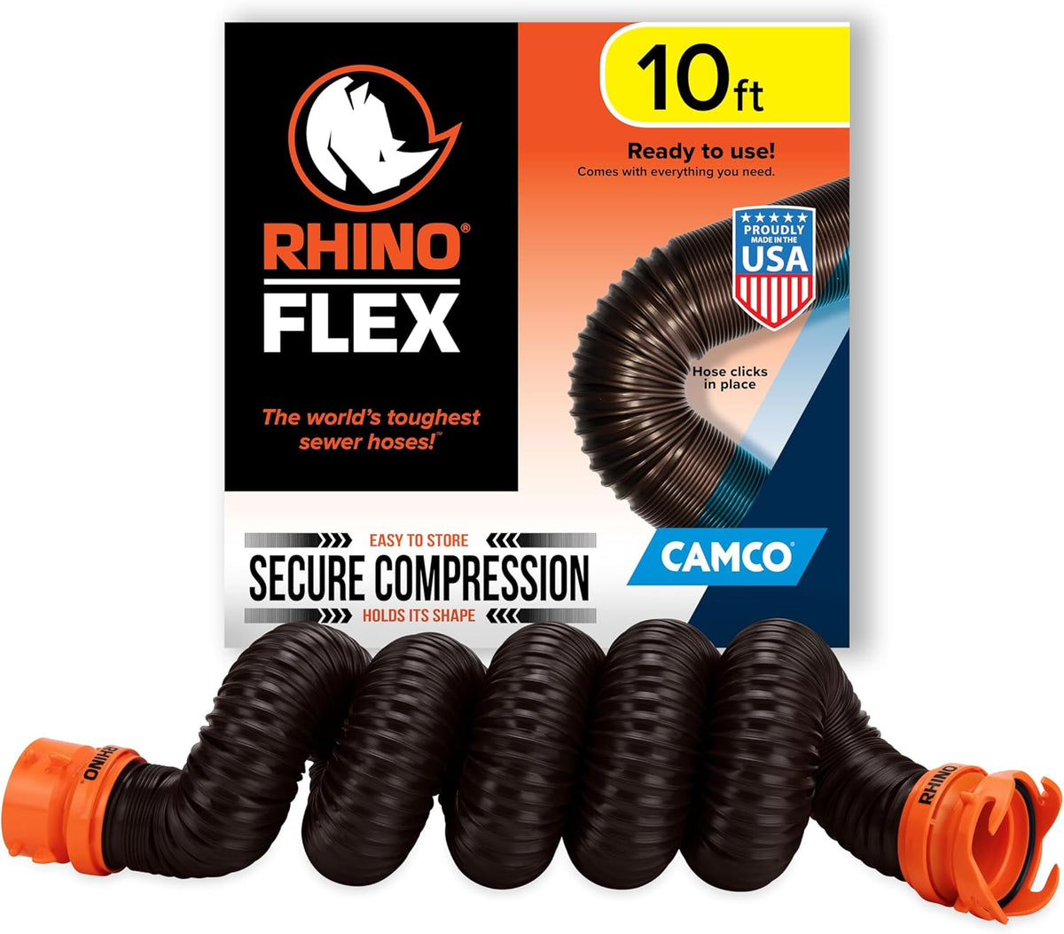 Camco RhinoFLEX 10-foot RV Sewer Hose Extension - Features Collapsible Design for RV Storage - Includes Pre-Attached Lug & Bayonet Fitting -Heavy Duty Polyolefin & Reinforced w/Steel Wire (39774)