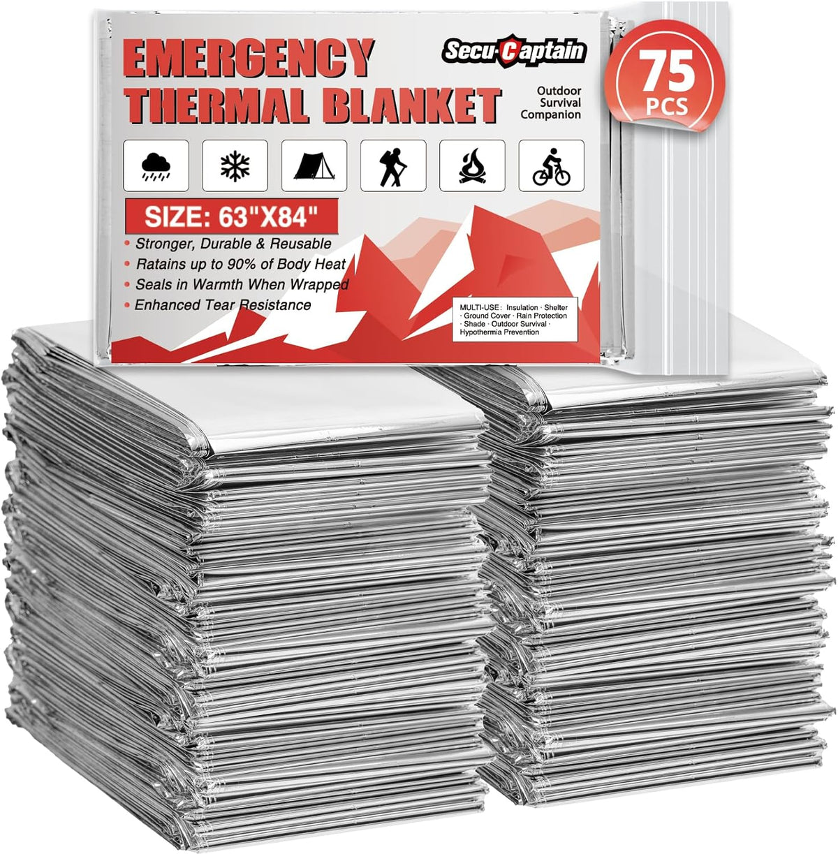 SecuCaptain Survival Emergency Thermal Blankets: Extra Large 84” x63” 4/10/25/30/50/75/100 PCS Space Mylar Blanket Kit for Outdoor Cold Winter Camping Hiking Car Bug Out Bag or First Aid