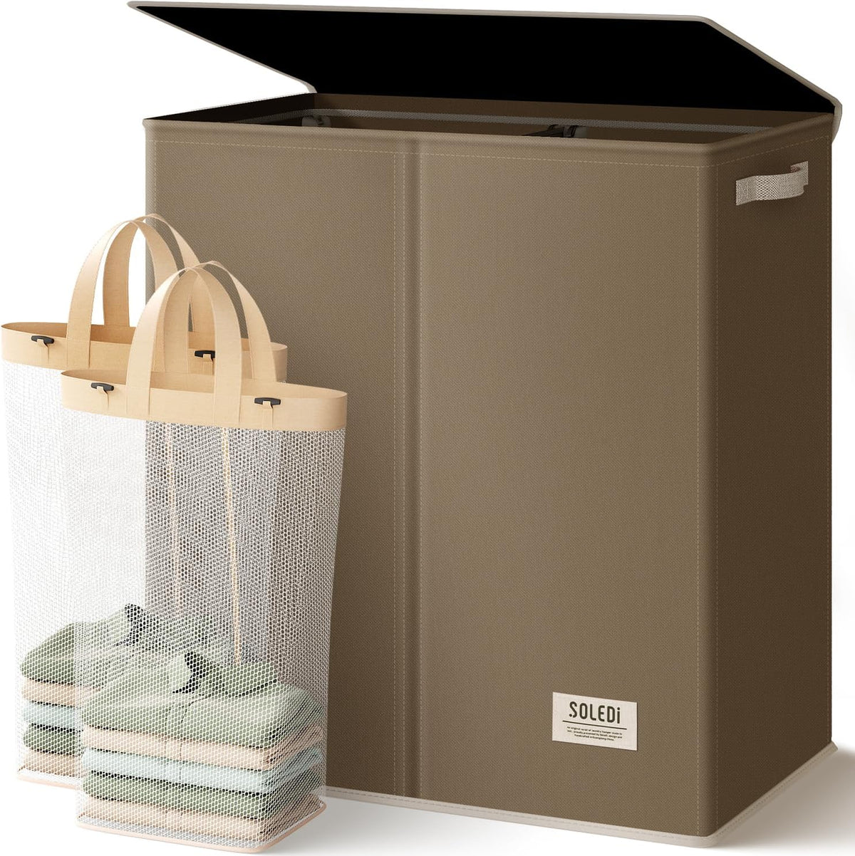SOLEDI Luxury Double Laundry Hamper with Lid and Removable Bags, 38.3 Gal Large Laundry Bin, Laundry Basket 2 Sections, Collapsible Clothes Hamper for Bedroom, Laundry Room, Bathroom, Off-white