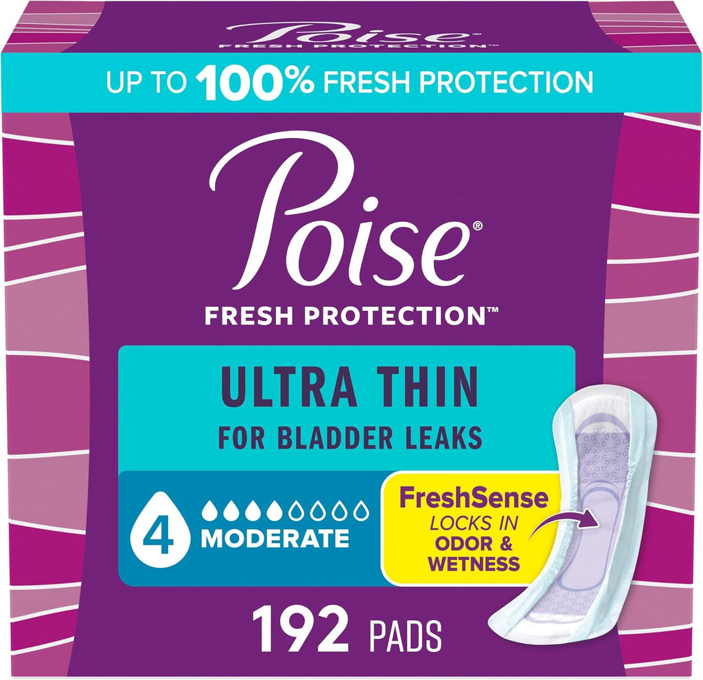Poise Ultra Thin Incontinence Pads & Postpartum Pads for Bladder Leaks, 4 Drop Moderate Absorbency, Regular Length, 144 Count, Packaging May Vary