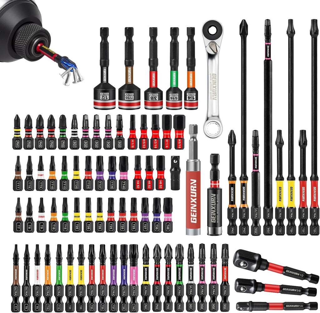 Geinxurn 82Pieces Impact Screwdriver Bits Set, Magnetic S2 Steel Phillips/Square/Torx/Hex Insert Power Bits Tips with Impact Bit Holder and Impact Nut Driver and Mini Wrench