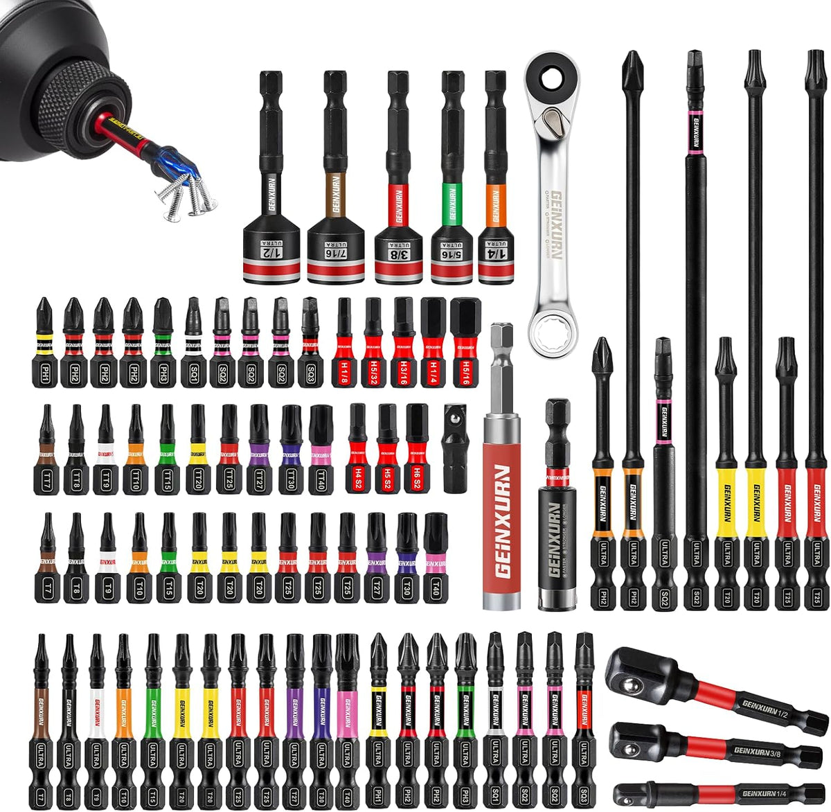 Geinxurn 82Pieces Impact Screwdriver Bits Set, Magnetic S2 Steel Phillips/Square/Torx/Hex Insert Power Bits Tips with Impact Bit Holder and Impact Nut Driver and Mini Wrench