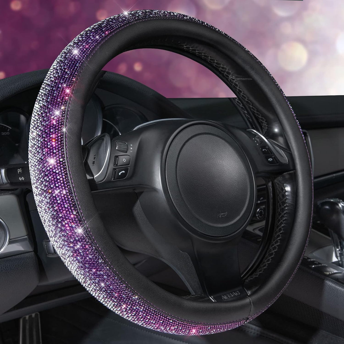 CAR PASS Bling Diamond Leather Steering Wheel Cover, with Bling Sparkly Crystal Glitter Rhinestones Universal Fit 14.5in-15in Car Wheel Protector for Women Girl Fit Suvs,Vans,Sedans,Car,Trucks, Silver