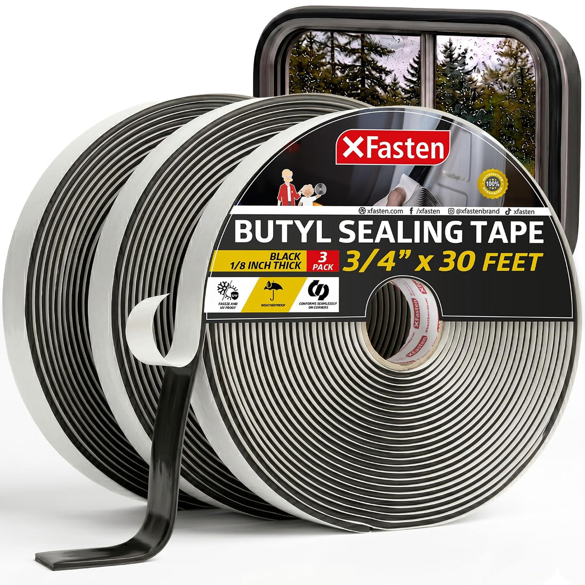 XFasten Butyl Sealing Tape, Black, 1/8-In x 3/4-In x 30-Foot Plumbers Putty, RV Sealant, Boat Sealing, EDPM Butyl Tape