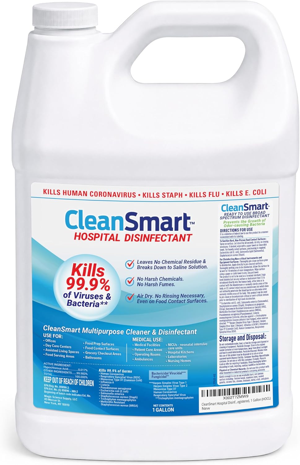 CleanSmart Hospital Disinfectant, Hypochlorous Acid Technology, 1 Gallon