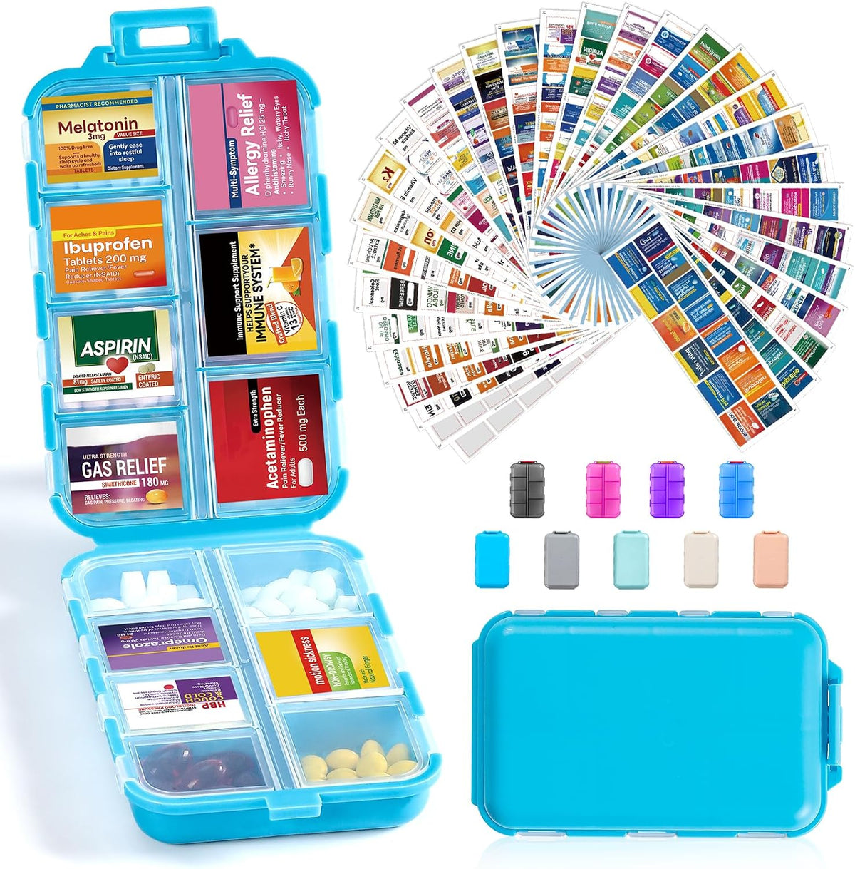 LANDNEOO 14 Grids Pill Organizer Box with Labels, Travel Medication Holder Dispenser Case Kit, Pocket Daily Pharmacy Container for Fish Oil Vitamin Supplement Storage, Khaki Pink Grey, 3 Pack