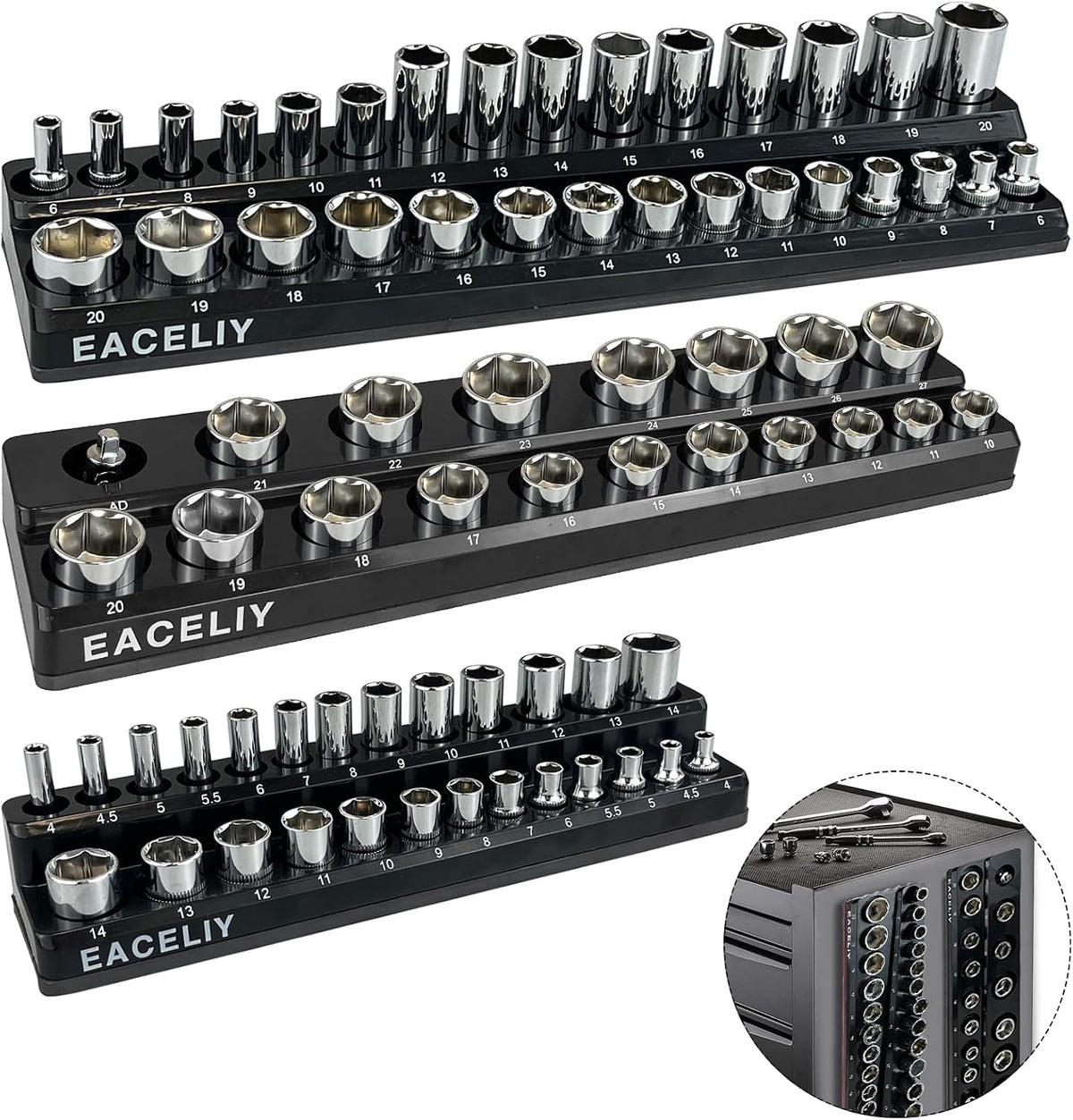 EACELIY Magnetic Socket Organizer Set, 1/2", 1/4" and 3/8" SAE & Metric Deep & Shallow Socket Holder Kit, holds 141 stanard Sockets, attaches to steel box/tool cart (sockets not included) 丨6PCS