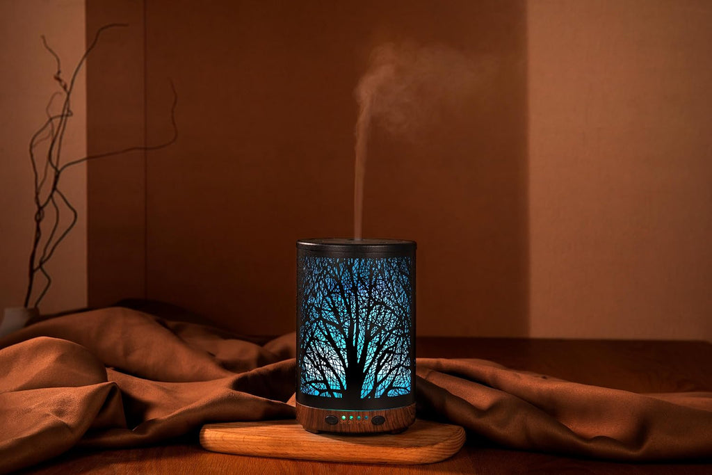Essential Oil Diffuser 120ML Metal Aromatherapy Diffuser with Timer, Cool Mist Humidifier with Auto Shut-Off & 7 Color Lights for Home Office Spa (Tree)