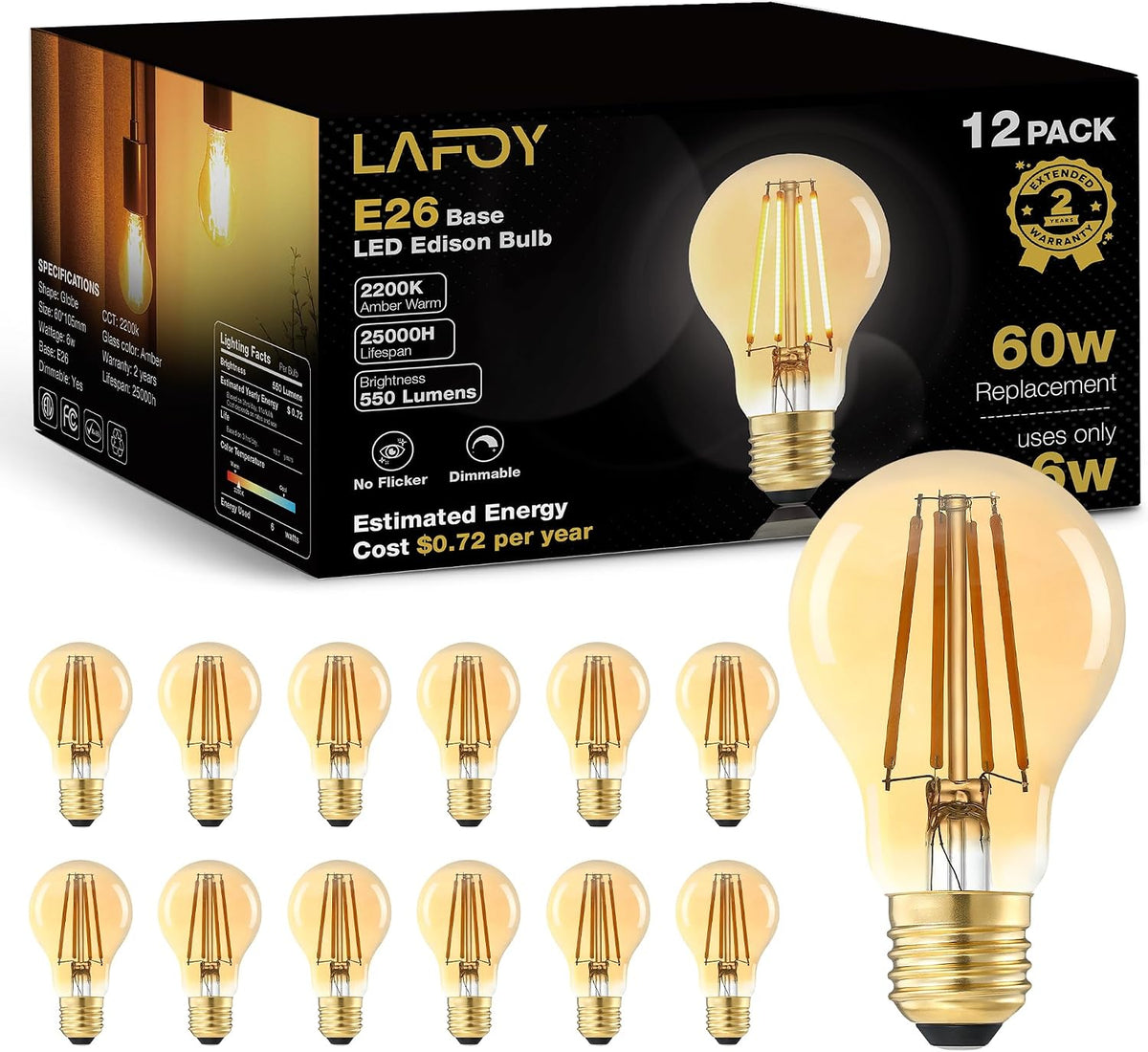 Lafoy A19 Amber Edison Bulbs, Dimmable E26 LED 60 Watt Equivalent 6 Pack