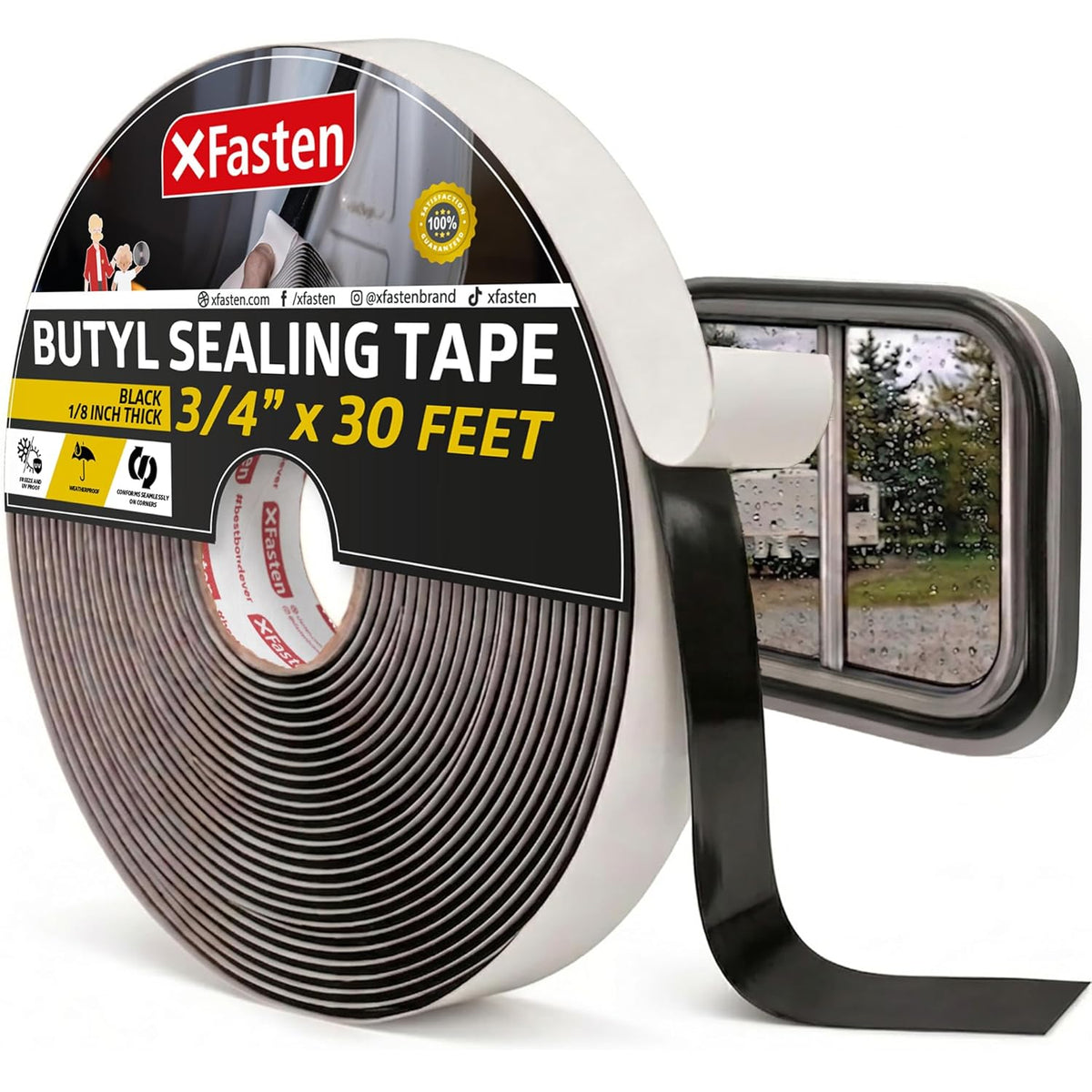 XFasten Butyl Sealing Tape, Black, 1/8-In x 3/4-In x 30-Foot Plumbers Putty, RV Sealant, Boat Sealing, EDPM Butyl Tape