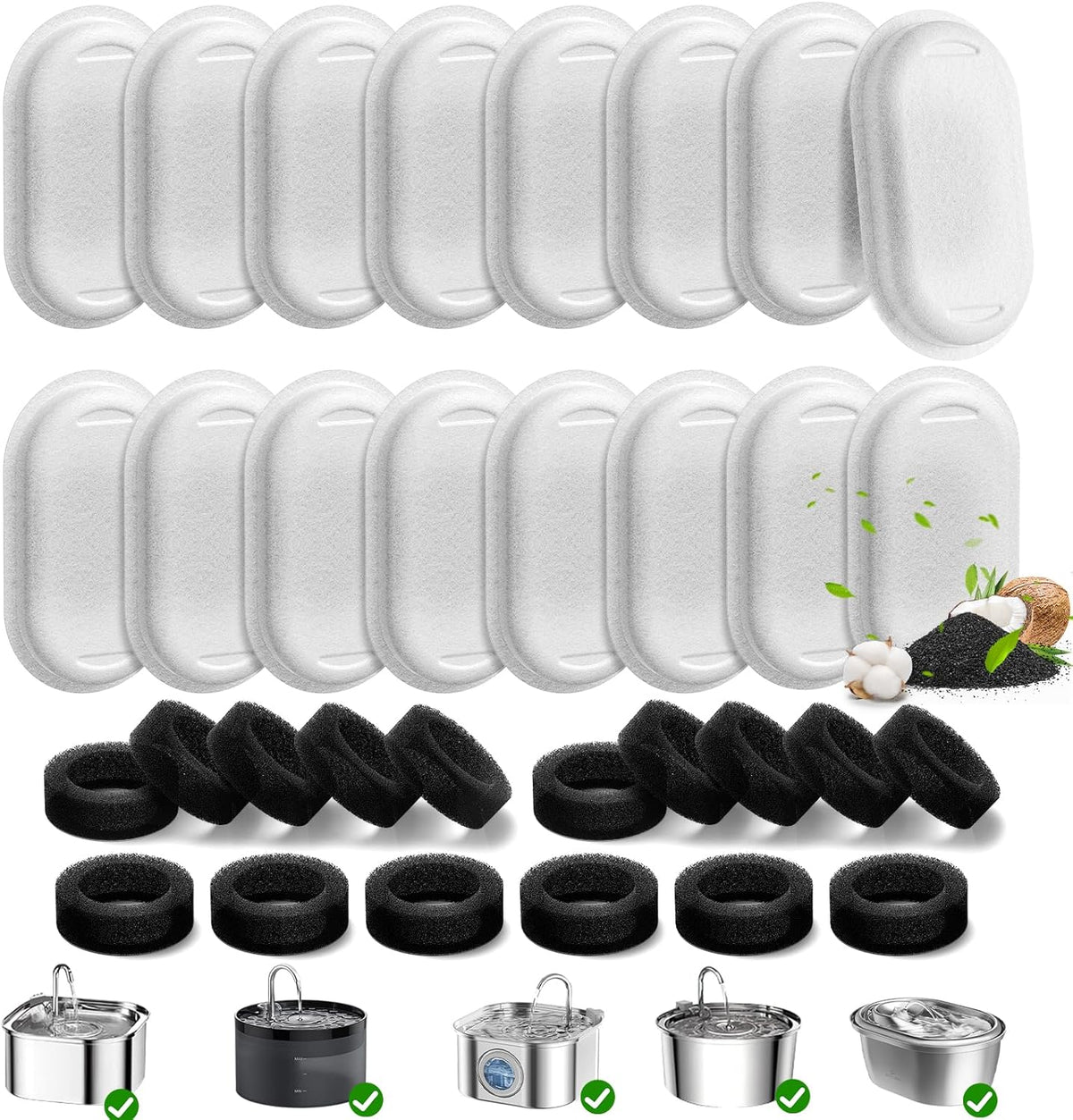 50 Pack Cat Water Fountain Filters for Stainless Steel Pet Water Dispenser