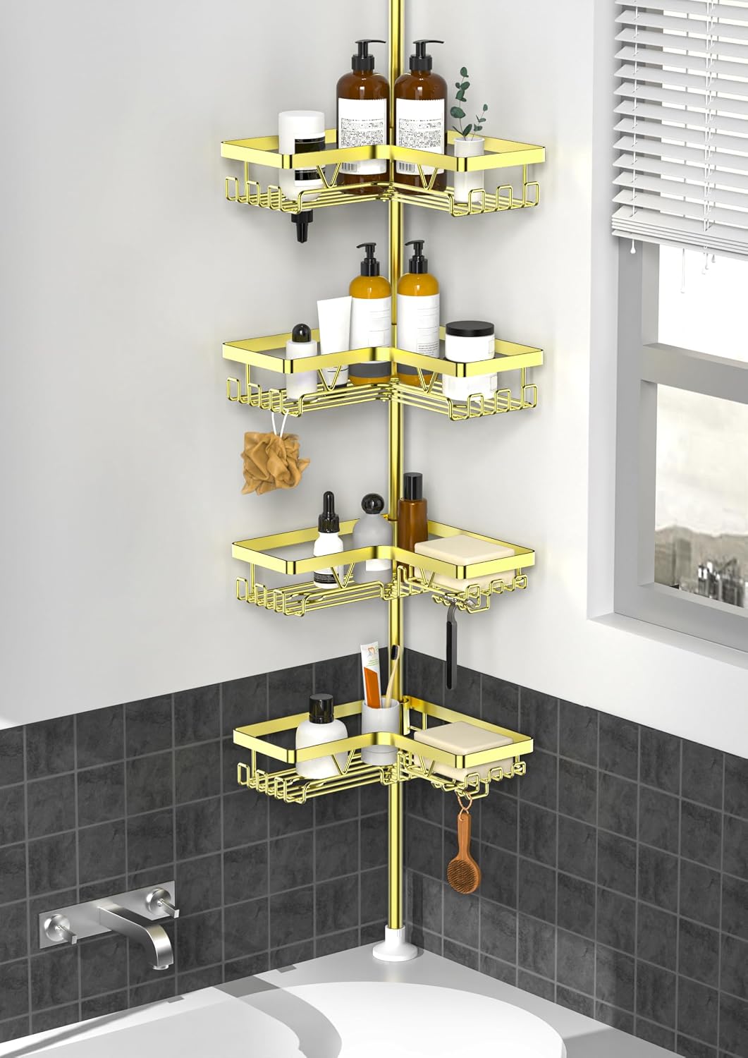 KEGII Corner Shower Caddy Tension Pole, Large Capacity Bathroom Organizer