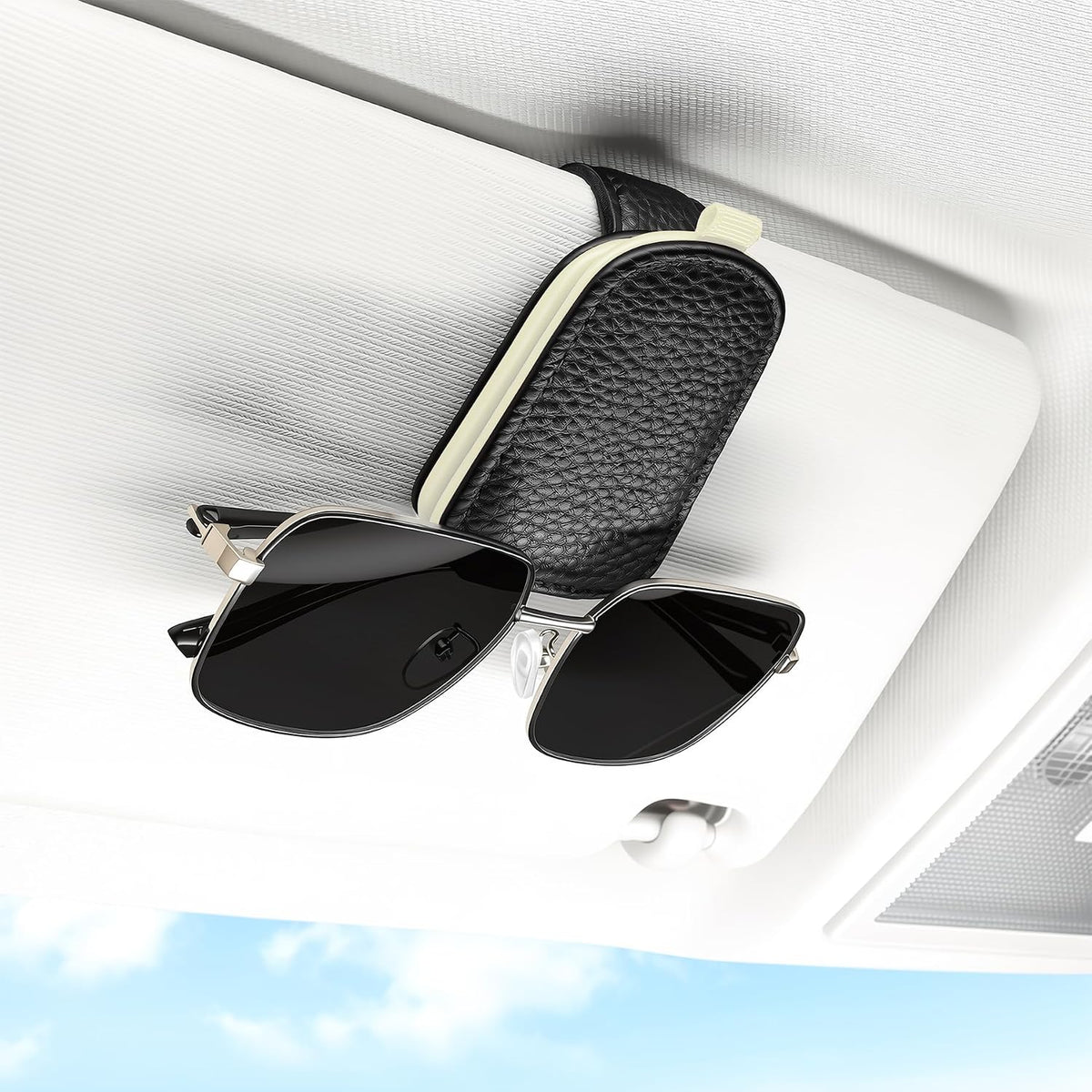 SINGARO 2PCS Sunglasses Holder for Car, Leather Magnetic Buckle Sun Visor Sunglass Clip, Ticket Card Storage Glasses Clip, Car Interior Accessories for Men and Women（Black）