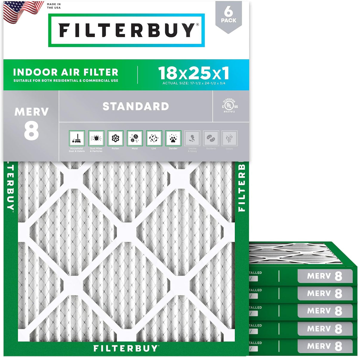 Filterbuy 16x25x1 Air Filter MERV 8 Dust & Allergy Defense (6-Pack)