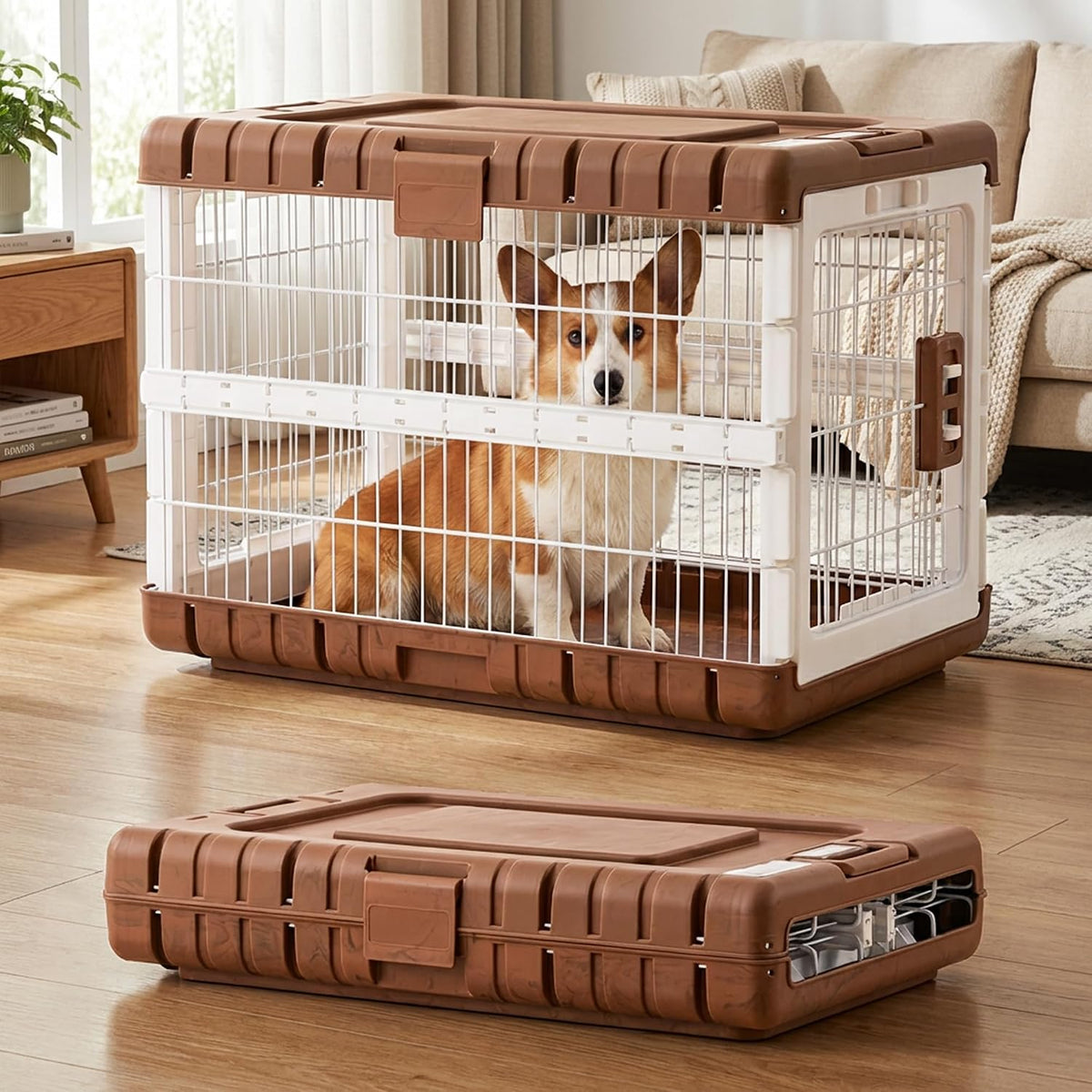 ZOMISIA Collapsible Dog Crate for Dogs - 28" L Heavy Duty Dog Kennel No Tools Required with 4 Sides Steel Foldable Cage for Dogs Indoor Furniture, Portable Carrier with 2 Smooth Wheels, Beige