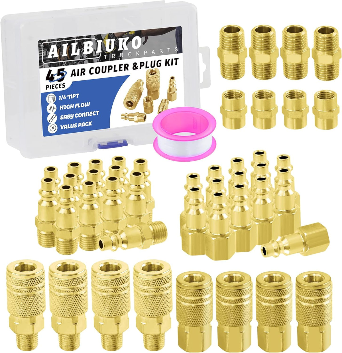 45Pcs 1/4" Air Hose Fittings Coupler & Plug Air Compressor Kit