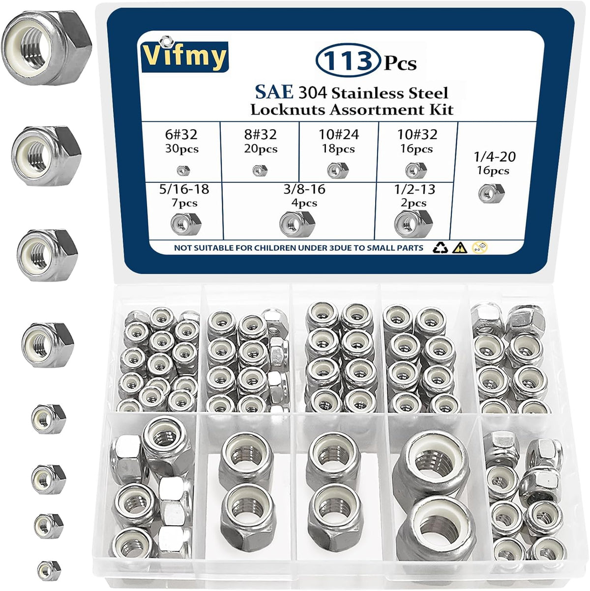 1/4-20 Lock Nut, 110Pcs Stainless Steel Nylock Insert Locking Nuts