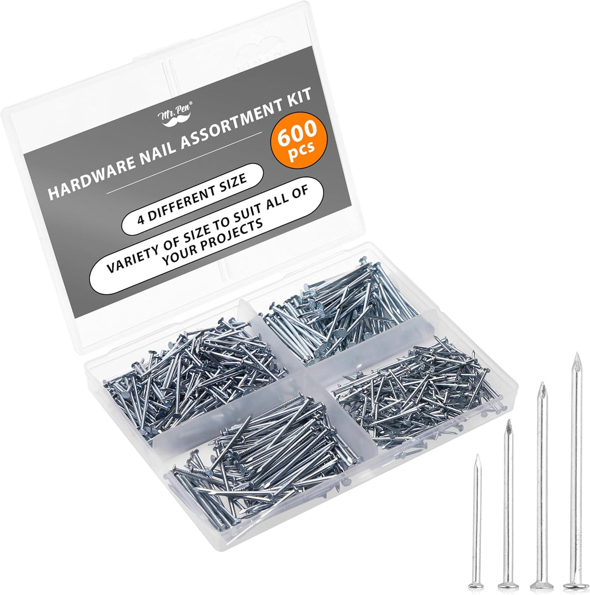Mr. Pen- Nail Assortment Kit, 600 pcs, 4 Sizes, Silver Picture Hangers