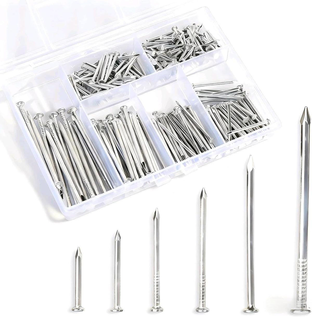 280 Pcs Nail Assortment Kit, 6 Sizes Finishing Nails for Hanging Pictures, Maximum Length 2 Inches Galvanized, Long and Small Nails for Wall Art