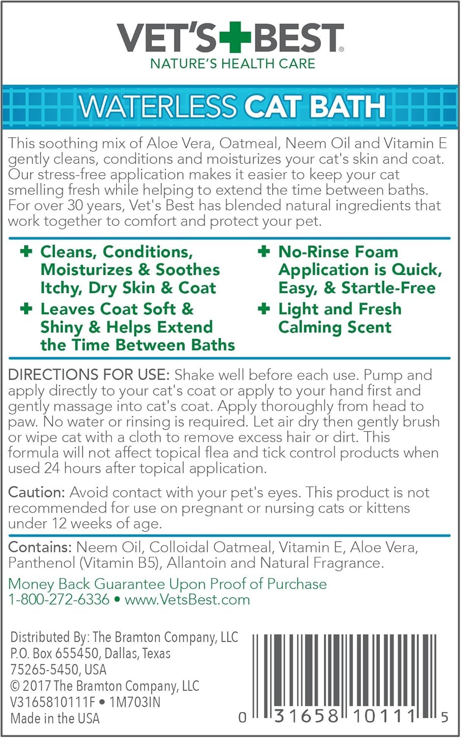 Vet's Best Waterless Cat Bath Dry Shampoo, No-Rinse Formula, 4 oz
