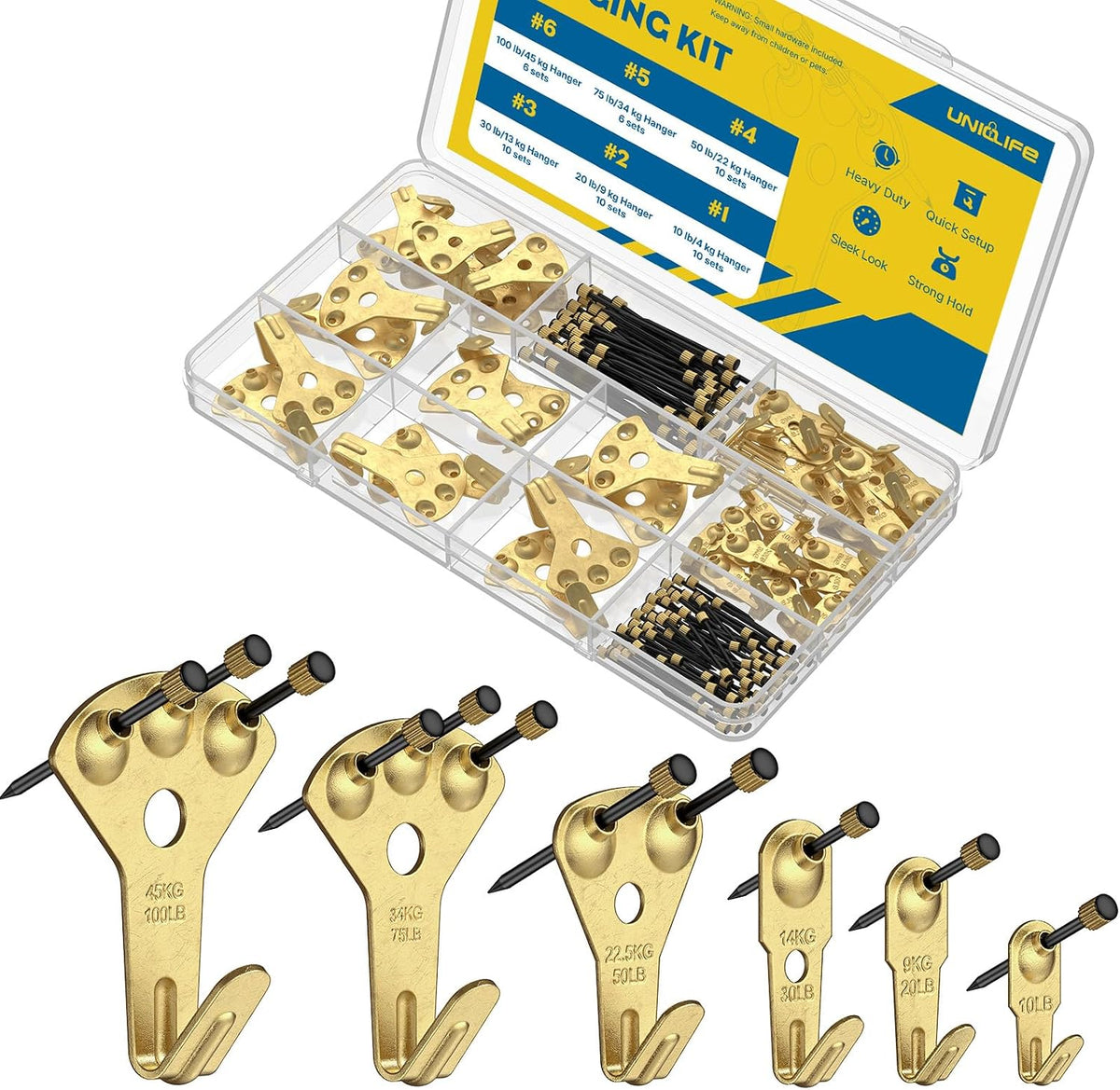 Uniclife 152 Pcs Heavy Duty Picture Hanging Kit, Picture Hanging Hooks,Gold