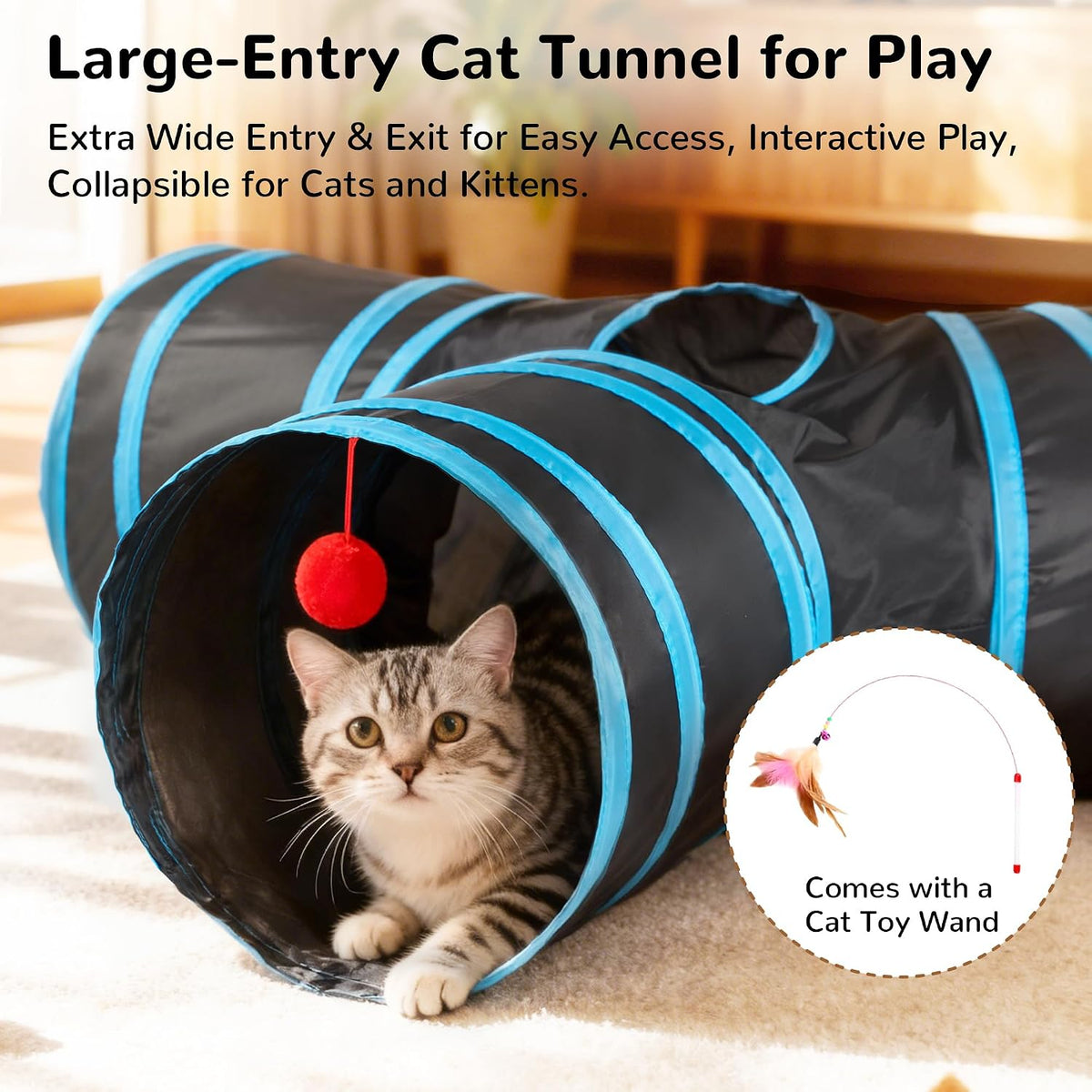 Tempcore Cat Tunnel, 3-Way Collapsible Toy for Indoor Cats, Black & Blue