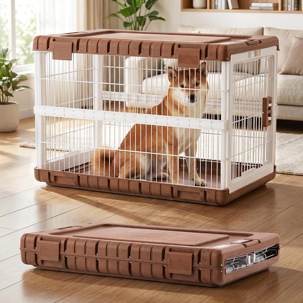 ZOMISIA Collapsible Dog Crate for Dogs - 28" L Heavy Duty Dog Kennel No Tools Required with 4 Sides Steel Foldable Cage for Dogs Indoor Furniture, Portable Carrier with 2 Smooth Wheels, Beige
