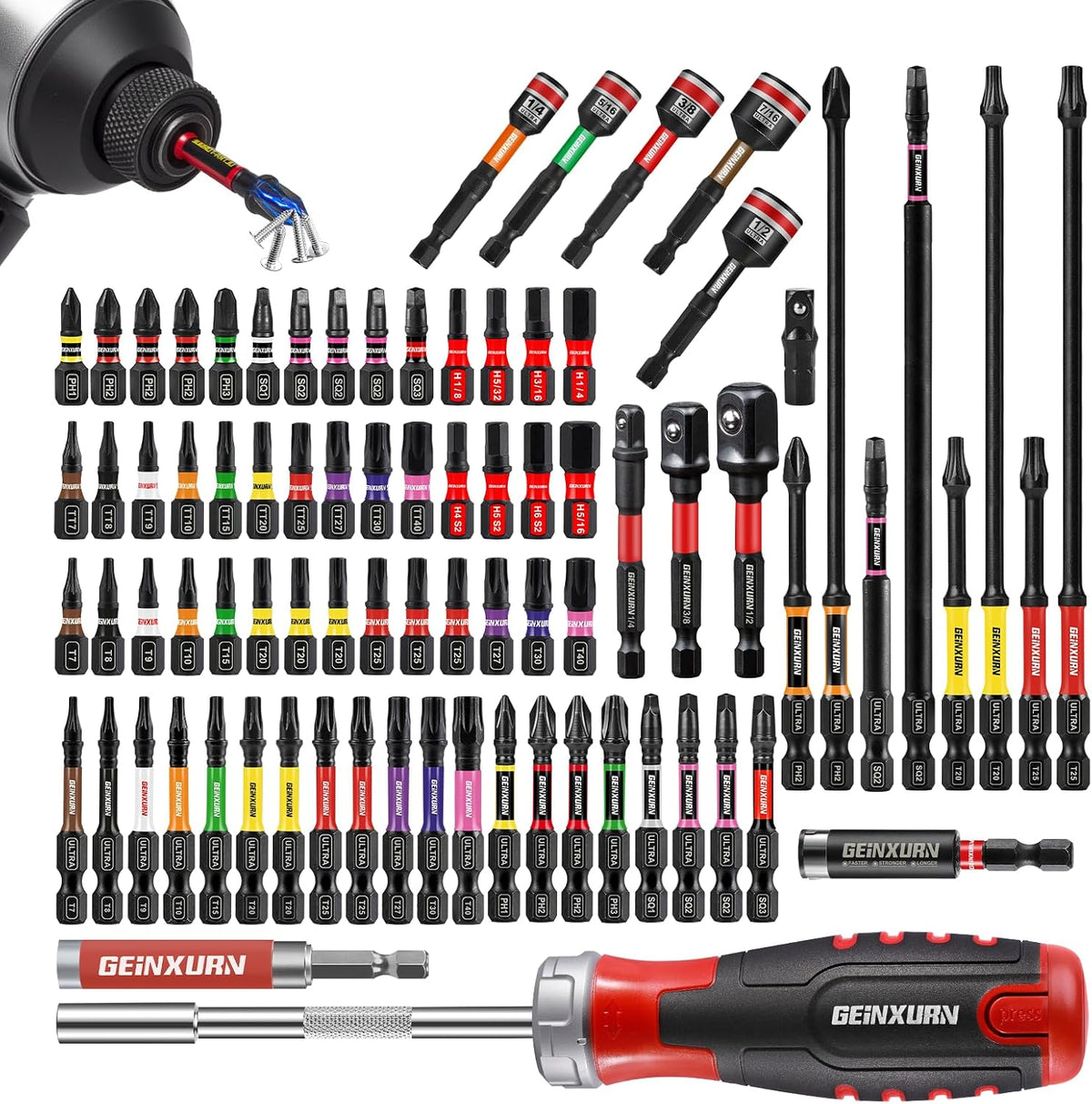 Geinxurn 82Pieces Impact Screwdriver Bits Set, Magnetic S2 Steel Phillips/Square/Torx/Hex Insert Power Bits Tips with Impact Bit Holder and Impact Nut Driver and Mini Wrench