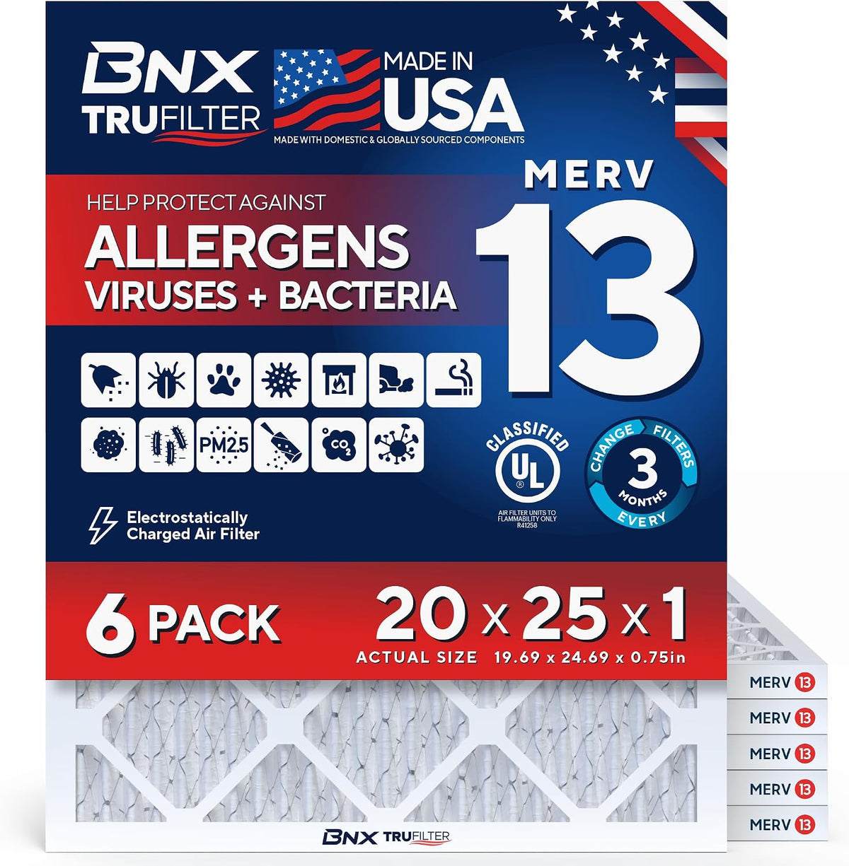 BNX TruFilter 20x20x1 Air Filter MERV 13 AC Filter, HVAC Furnace Filter, 6 Pack (ACTUAL SIZE 19.69"x19.69"x0.75") Allergies, Dust, Pet Dander & Smoke - MADE IN USA - MPR1500 / FPR 10