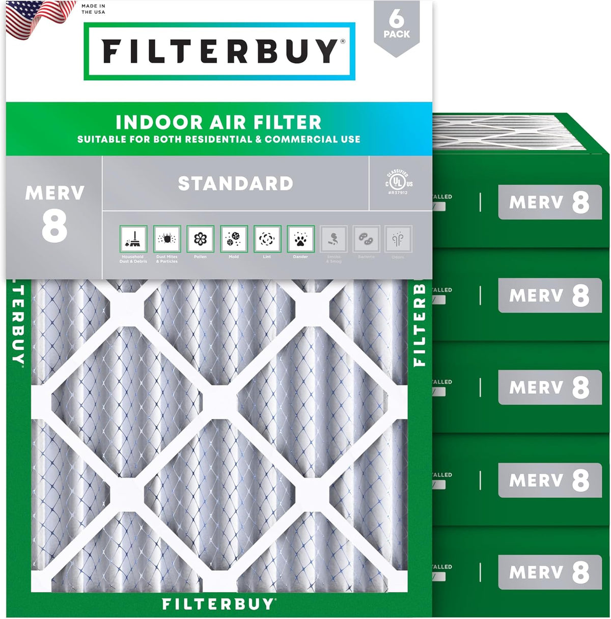 Filterbuy 16x25x1 Air Filter MERV 8 Dust & Allergy Defense (6-Pack)