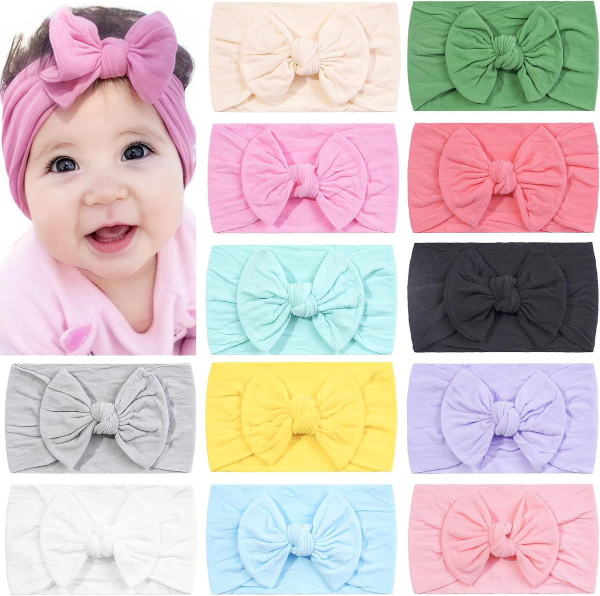 CÉLLOT Super Stretchy Soft Knot Baby Headbands with Hair Bows For Newborn