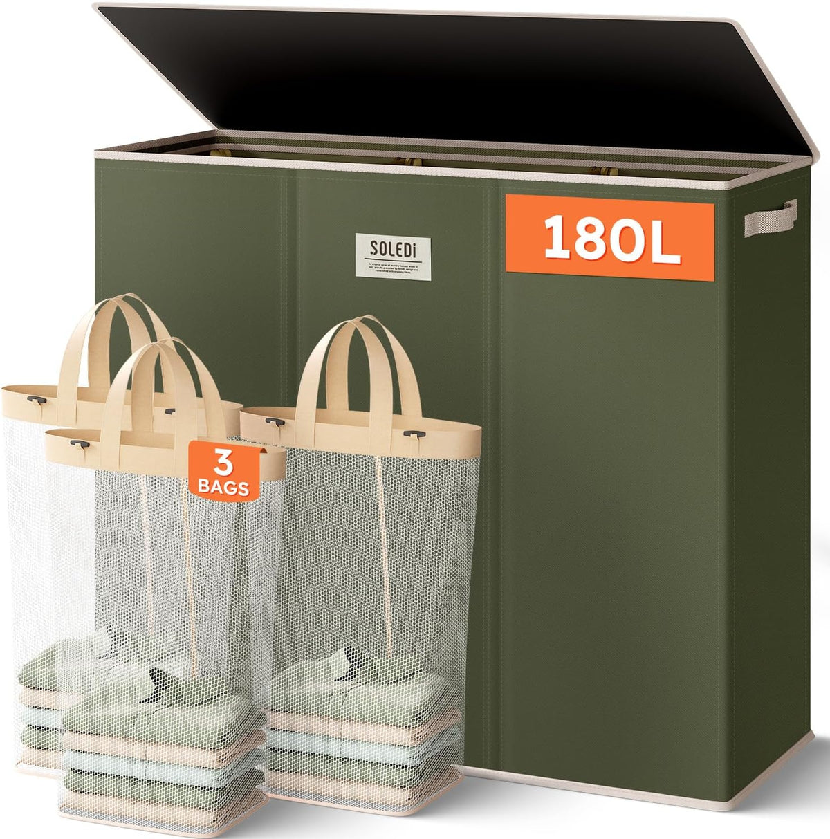 SOLEDI Large Laundry hamper 3 Section with Laundry Bag, XL Clothes Basket