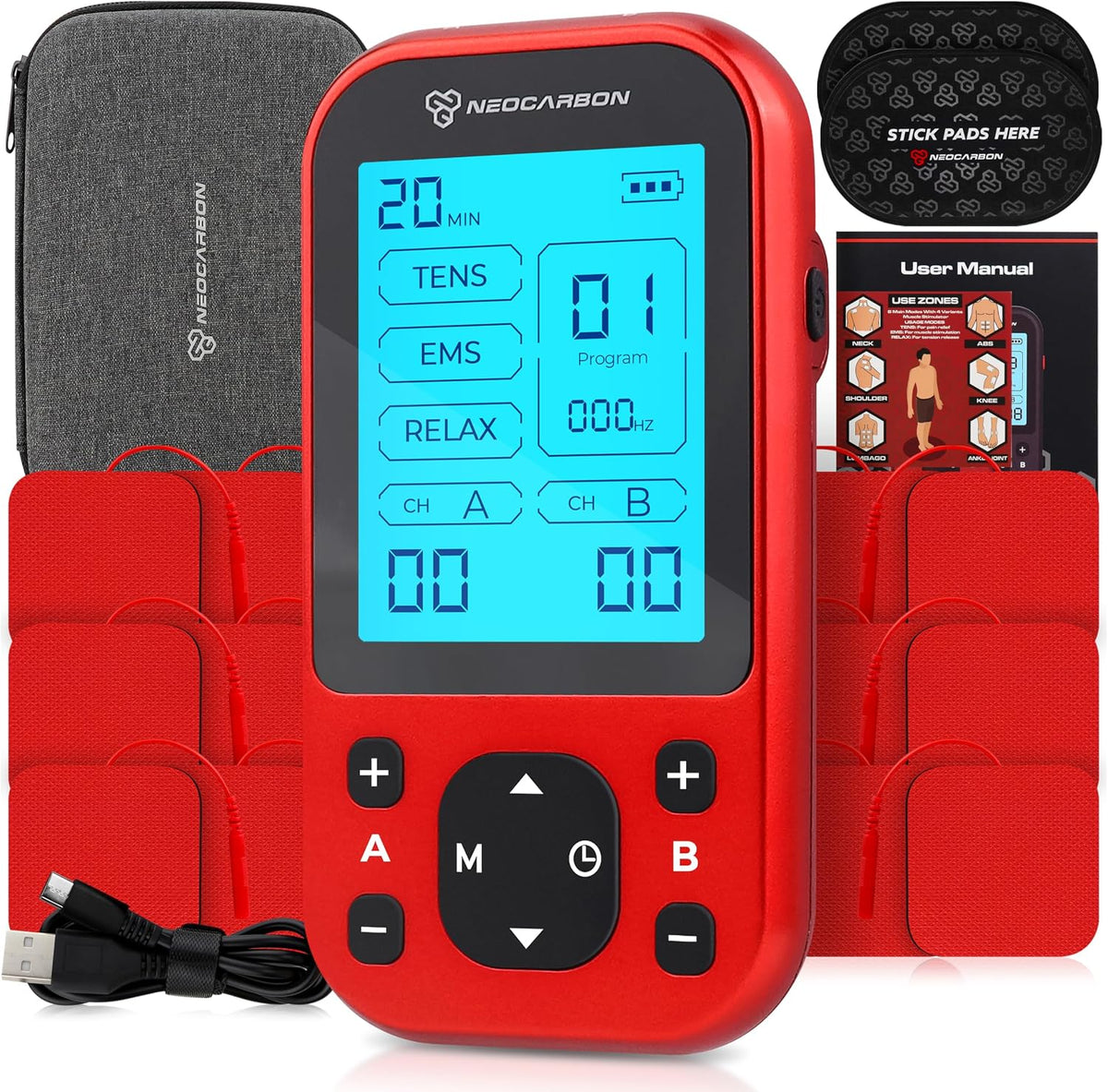 NEOCARBON TENS Unit Muscle Stimulator Pro for Back Pain Relief, Red