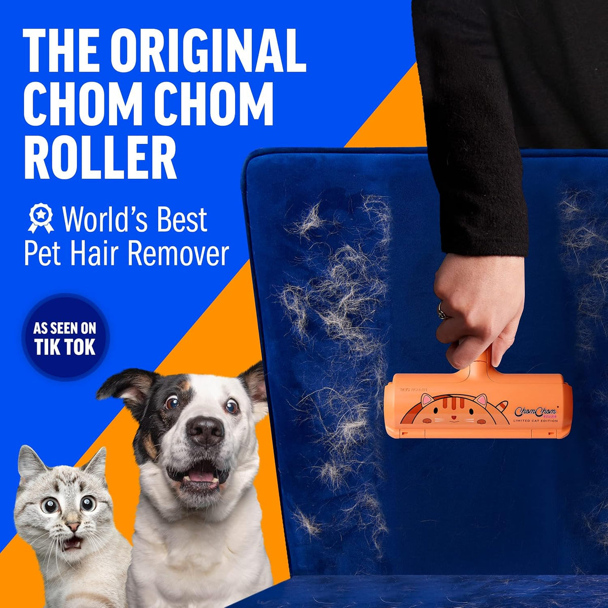 ChomChom Roller Pet Hair Remover – Original Size Reusable Lint Roller for Cat & Dog Hair on Furniture, Couch, Carpet, Car, Rugs & Bedding – Portable, Eco-Friendly (Cat)