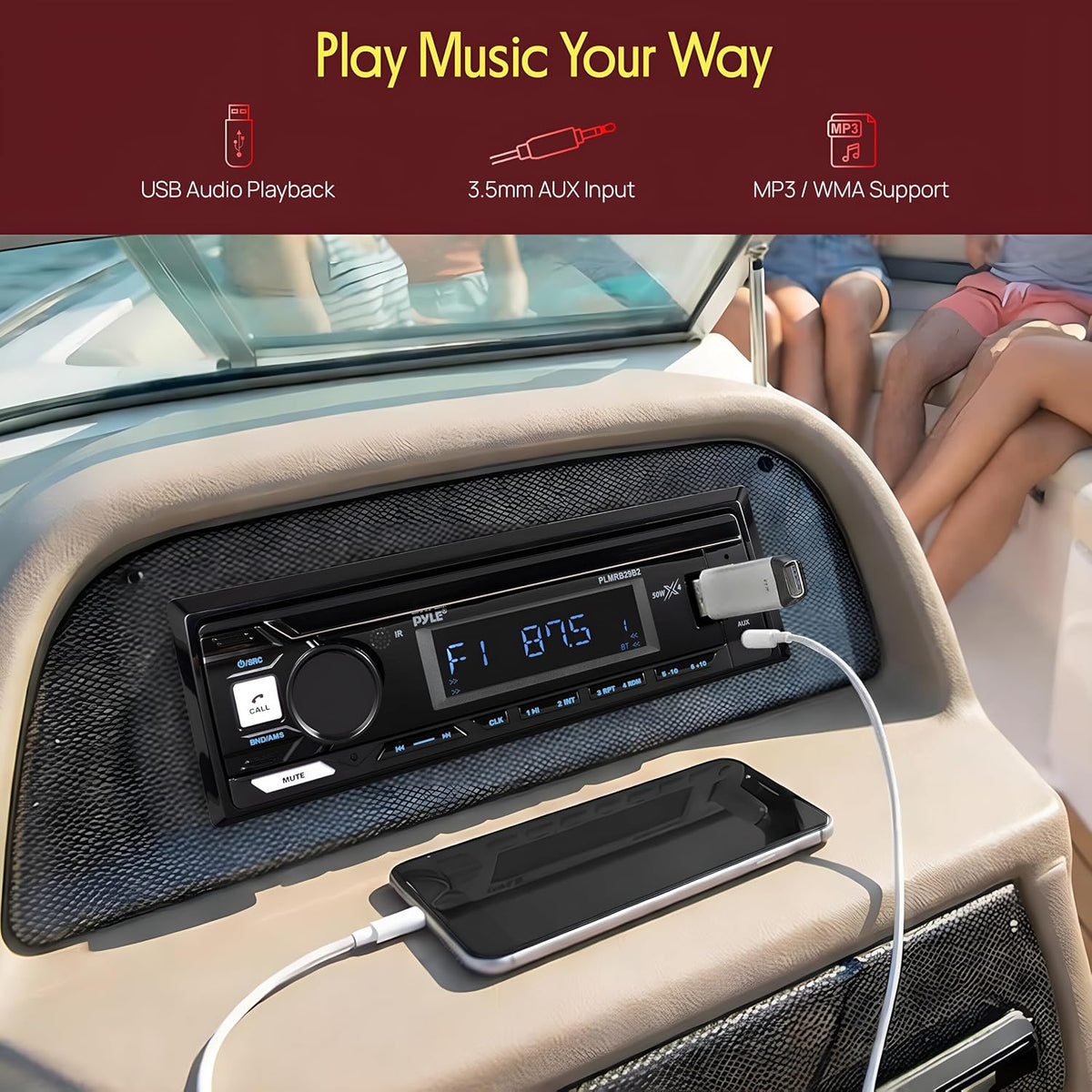 Pyle Marine Bluetooth Stereo Radio - 12v Single DIN Style Boat In dash Radio Receiver System with Built-in Mic, Digital LCD, RCA, MP3, USB, AM FM Radio - Remote Control - PLMRB29B (Black)