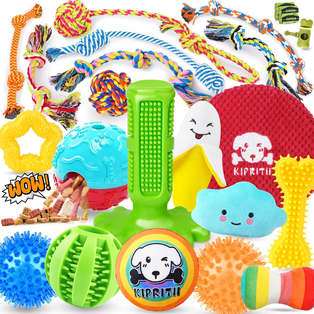 KIPRITII 25 Pack Various Dog Toys Set – Ideal for Teething, Entertainment & Interactive Play, Includes Puppy Toys, Rope Toys, Treat Balls and Squeaky Dog Toys