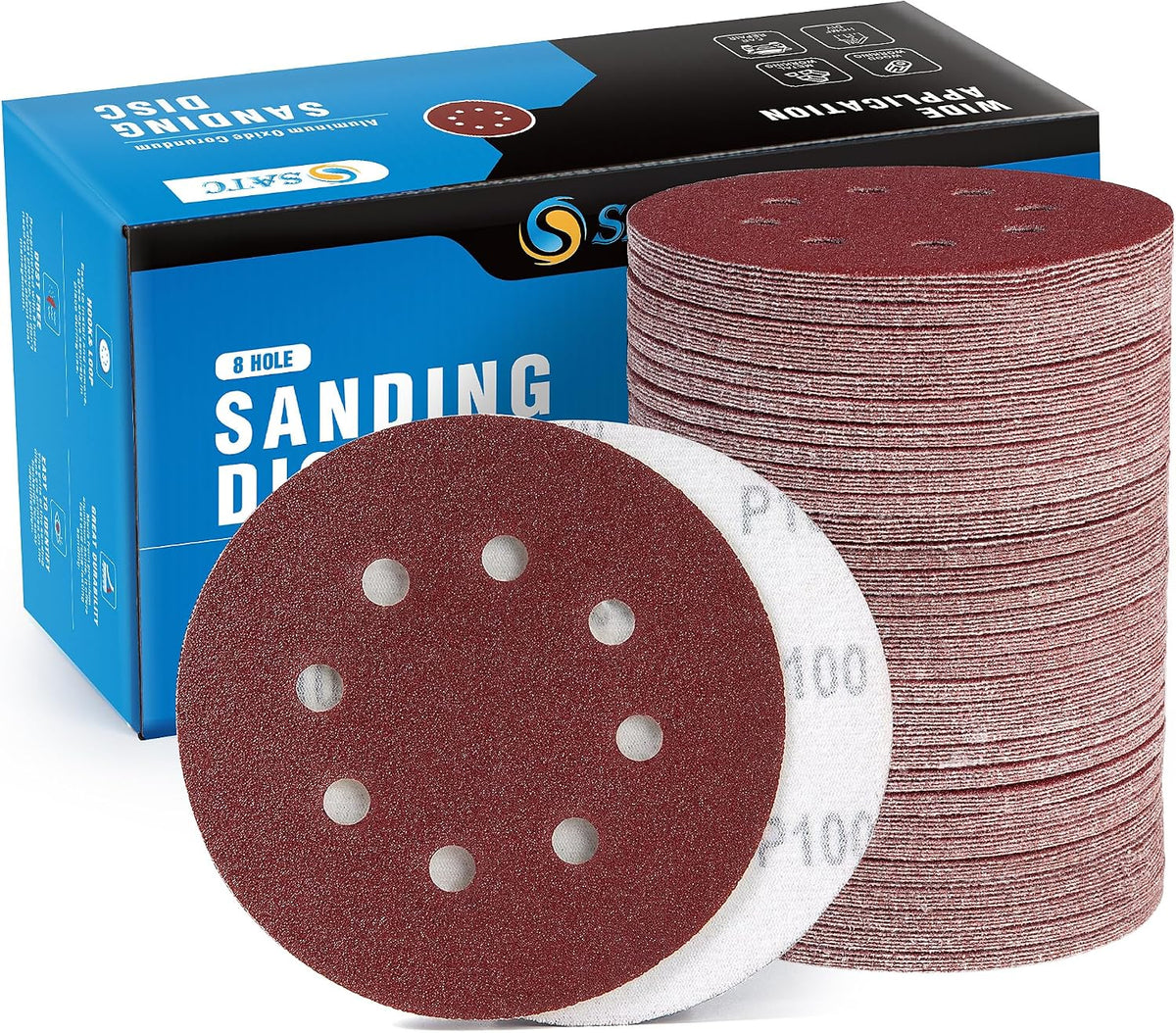 S SATC 72 PCS 5 Inch 8 Hole Hook and Loop Adhesive Sanding Discs Sandpaper for Random Orbital Sander 40 60 80 120 180 240 320 Grits